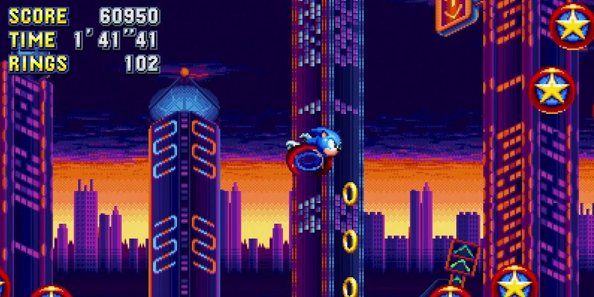 Sonic Mania - Sonic flying through the air in Studiopolis Zone