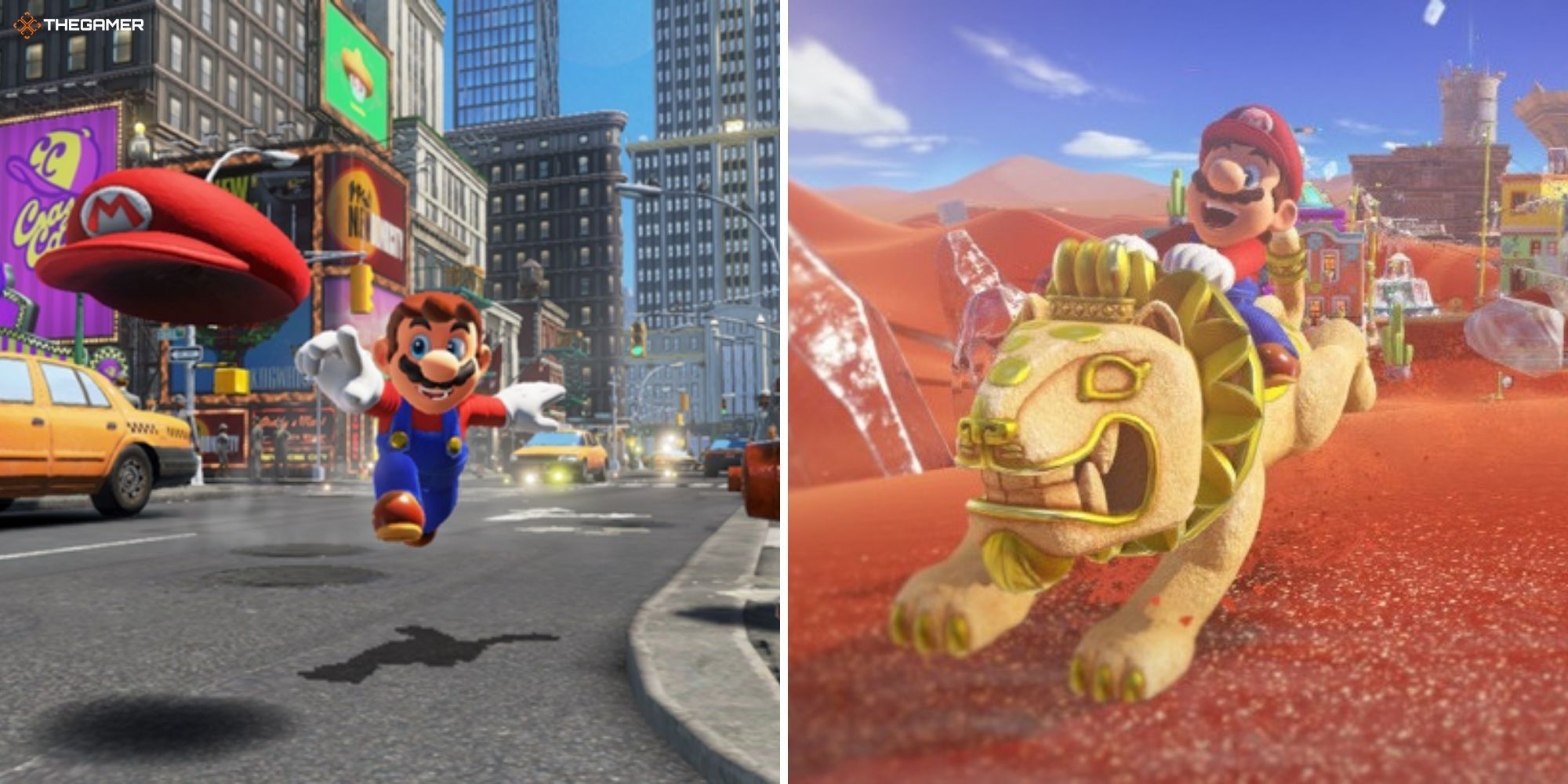 Super Mario Odyssey - Mario in a city on left, Mario in a desert on right