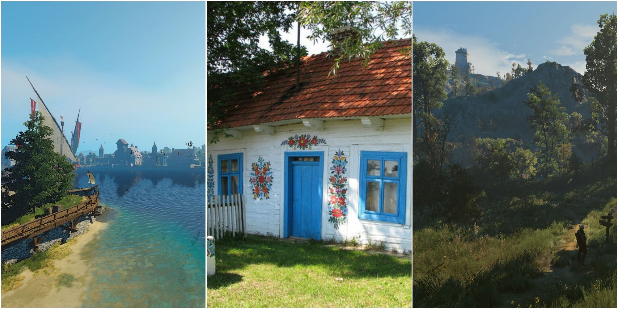 Harbor of Novigrad, a painted house in Zalipie and Veln crossroads, left to right