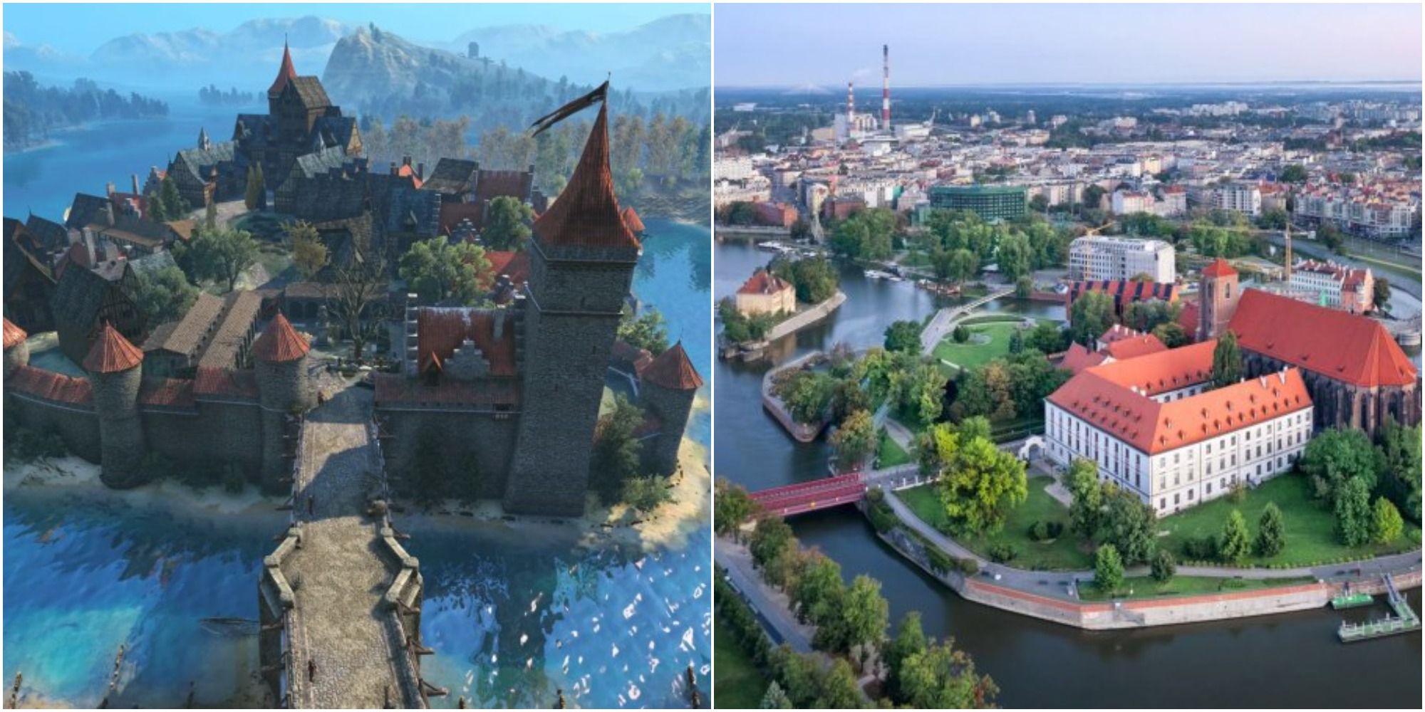 An overhead shot of both Oxenfurt in-game, and Piasek Island in Poland
