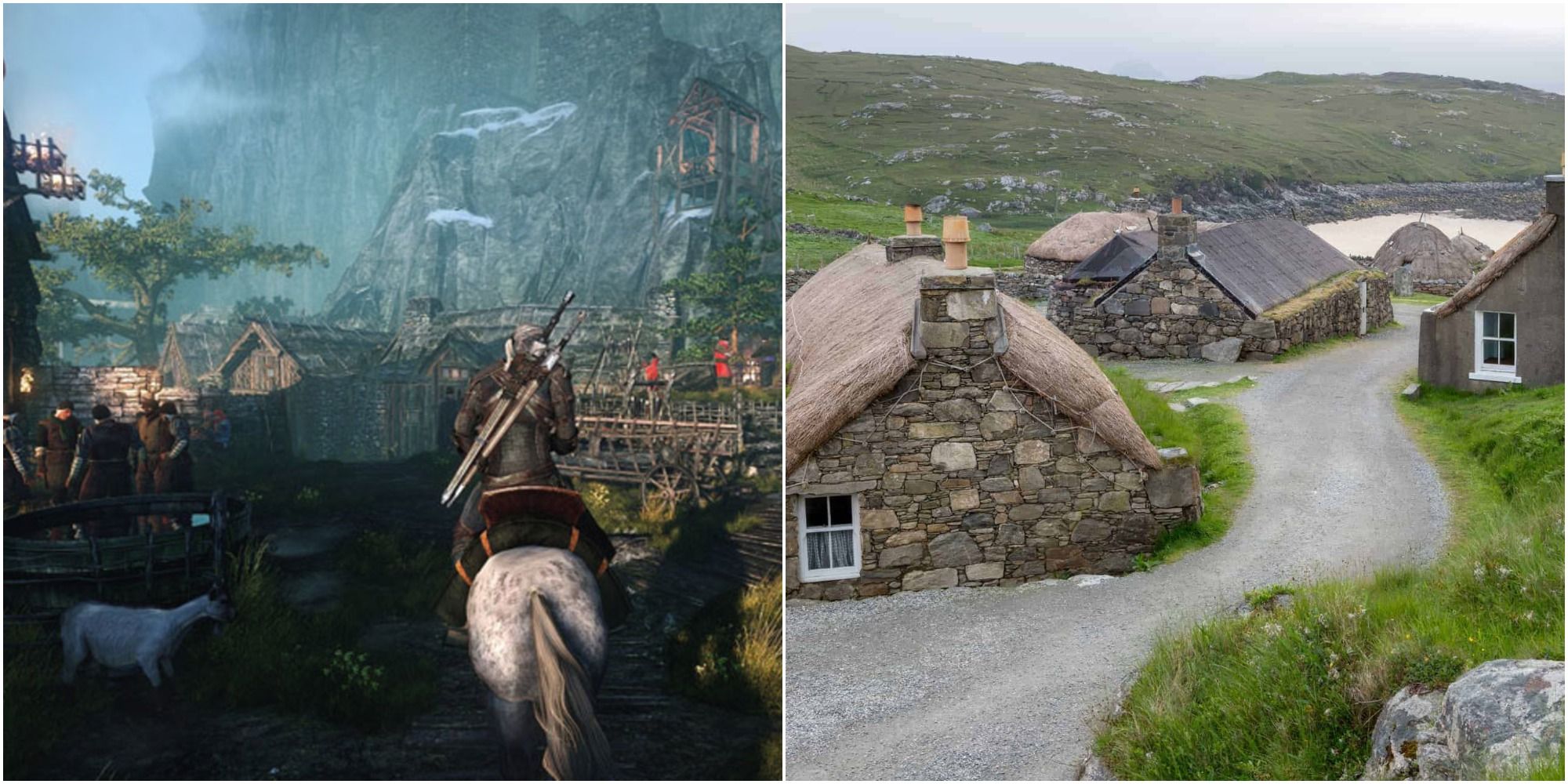 Geralt riding through a town of Skellige and stonehouse of the Hebrides of Scotland