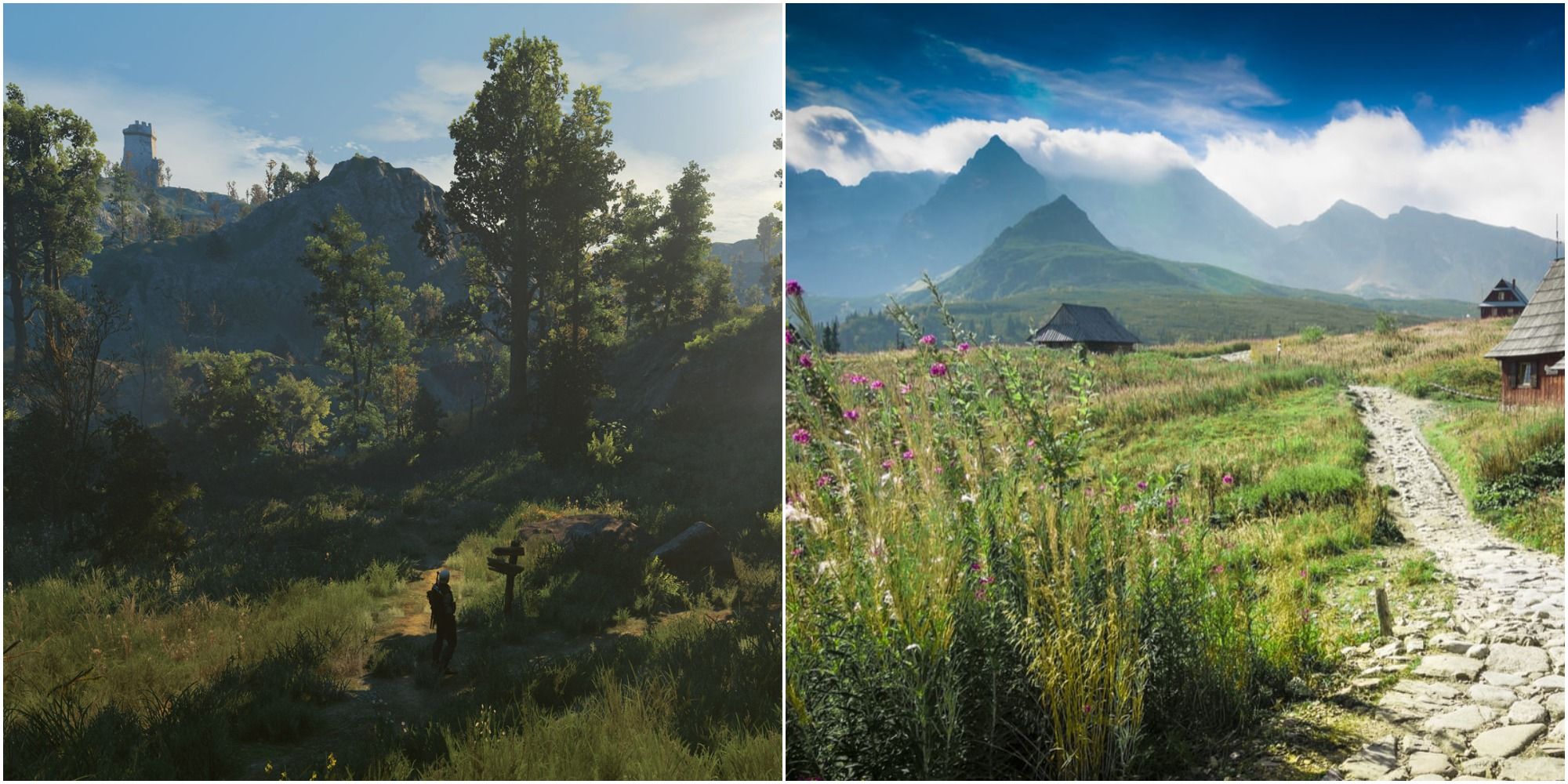 Two contrasting shots showing simialr landscapes in Velen and Poland