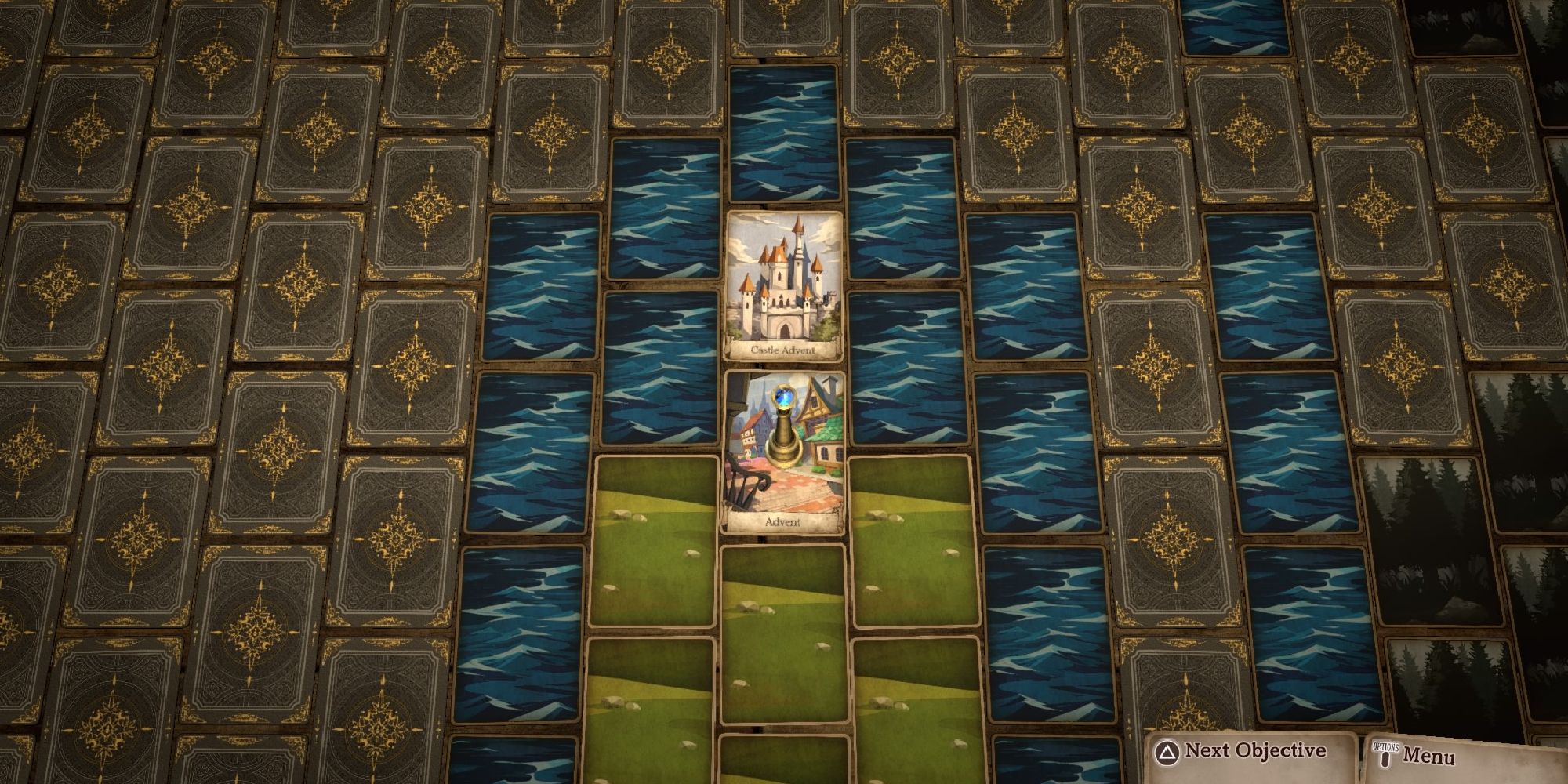 Voice Of Cards: The Isle Dragon Roars top down view of the World Map made entirely of cards some of which are turned upside down in the background with the few turned facing upwards in the foreground depicting castles, grass and water