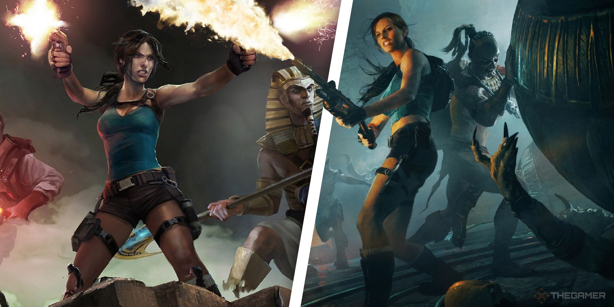 Tomb Raider spinoffs guardian of light and temple of osiris split image showing lara shooting pistols and a flamethrower