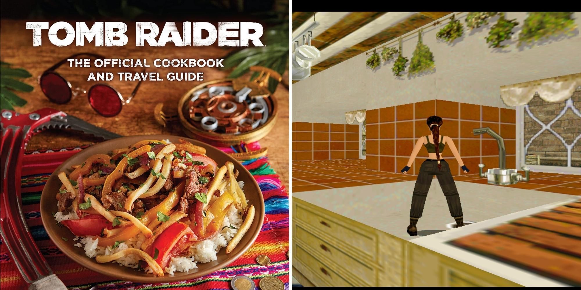Tomb Raider The Official Cookbook And Travel Guide and game screenshot of Lara in kitchen from Tomb Raider 2