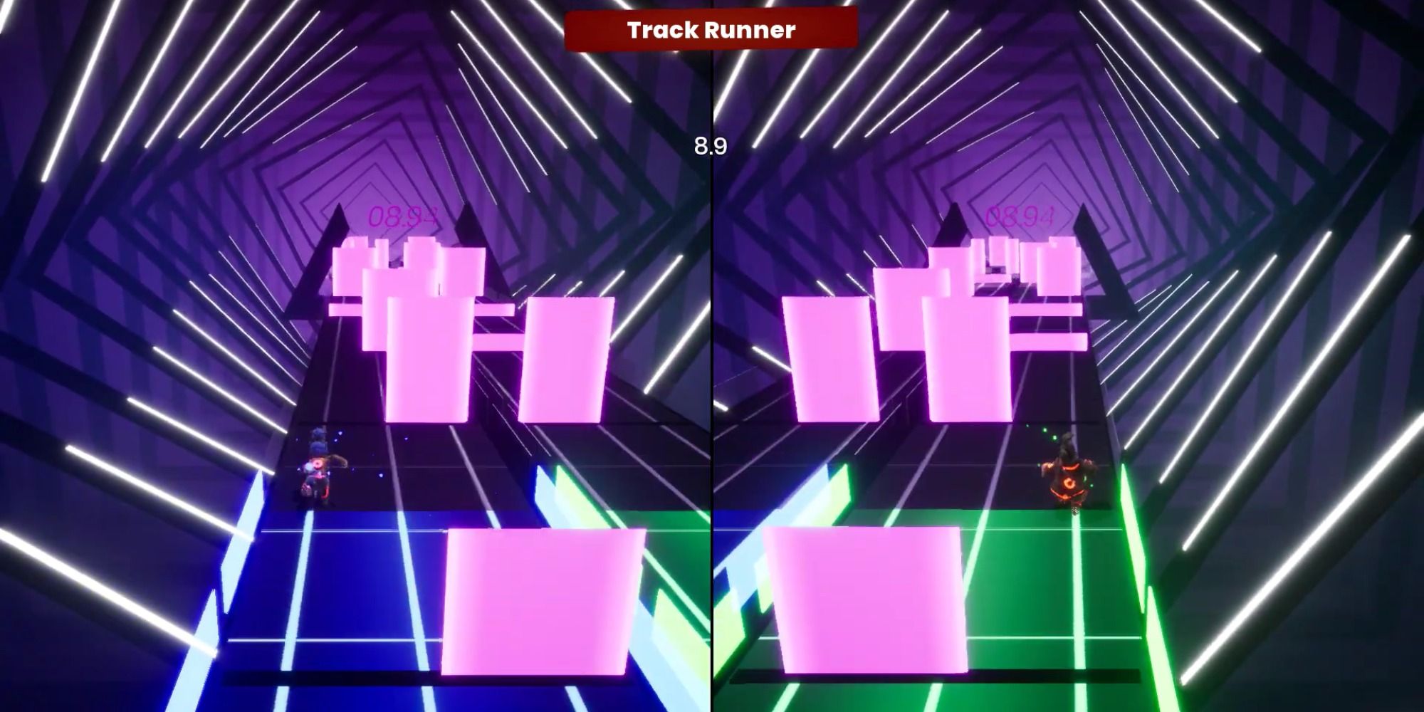 It Takes Two Track Runner minigame with pink obstacles, 8.9 seconds left