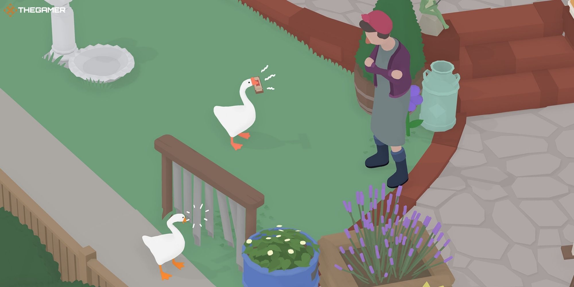 Untitled Goose Game - Geese bothering a woman
