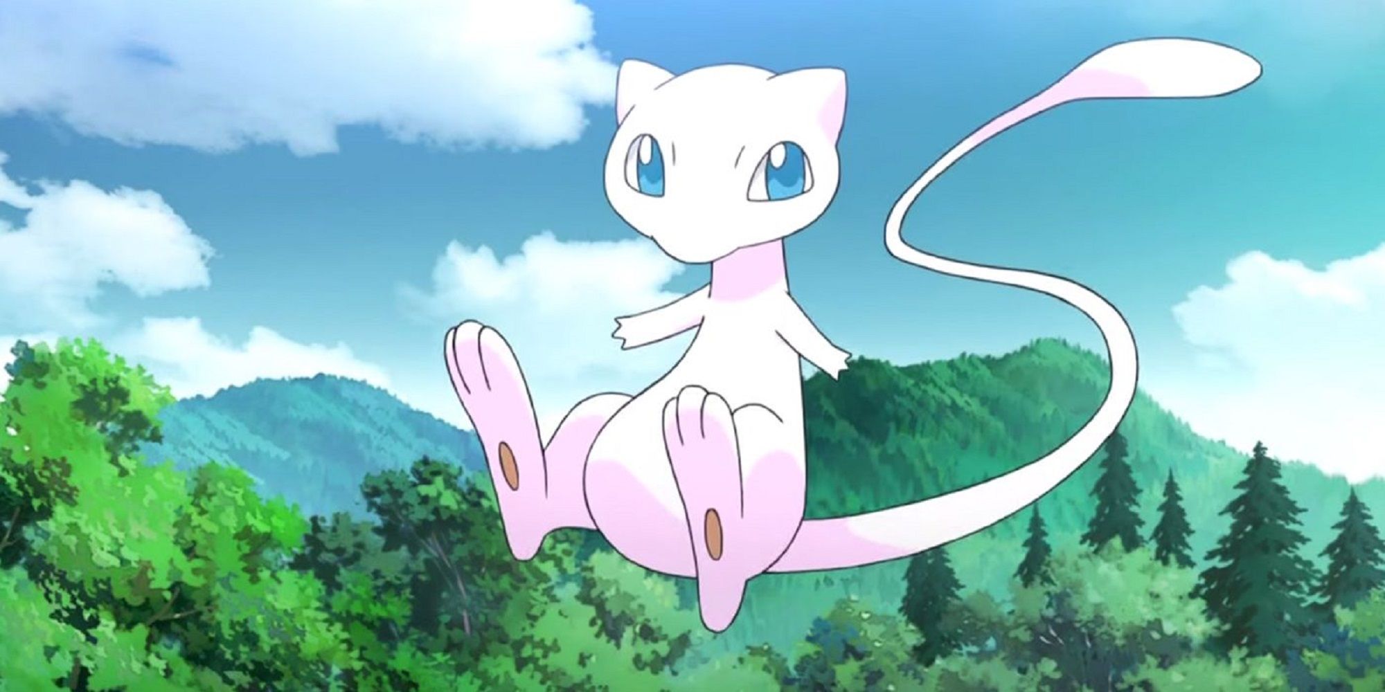 Mew floating above a verdant plain in the Pokemon anime.