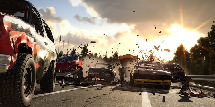 Multiple cars crashing and piling up on a bend in Wreckfest.