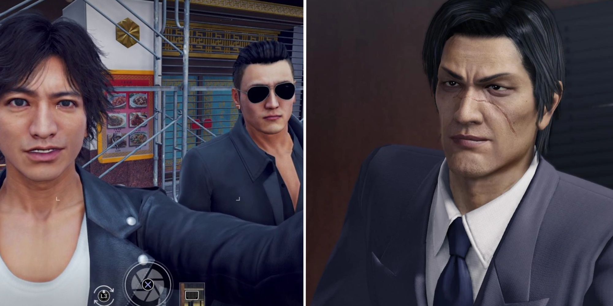 Yagami and Shin Amon from Lost Judgement taking a selfie next to a photo of Kashiwagi from the Yakuza series.