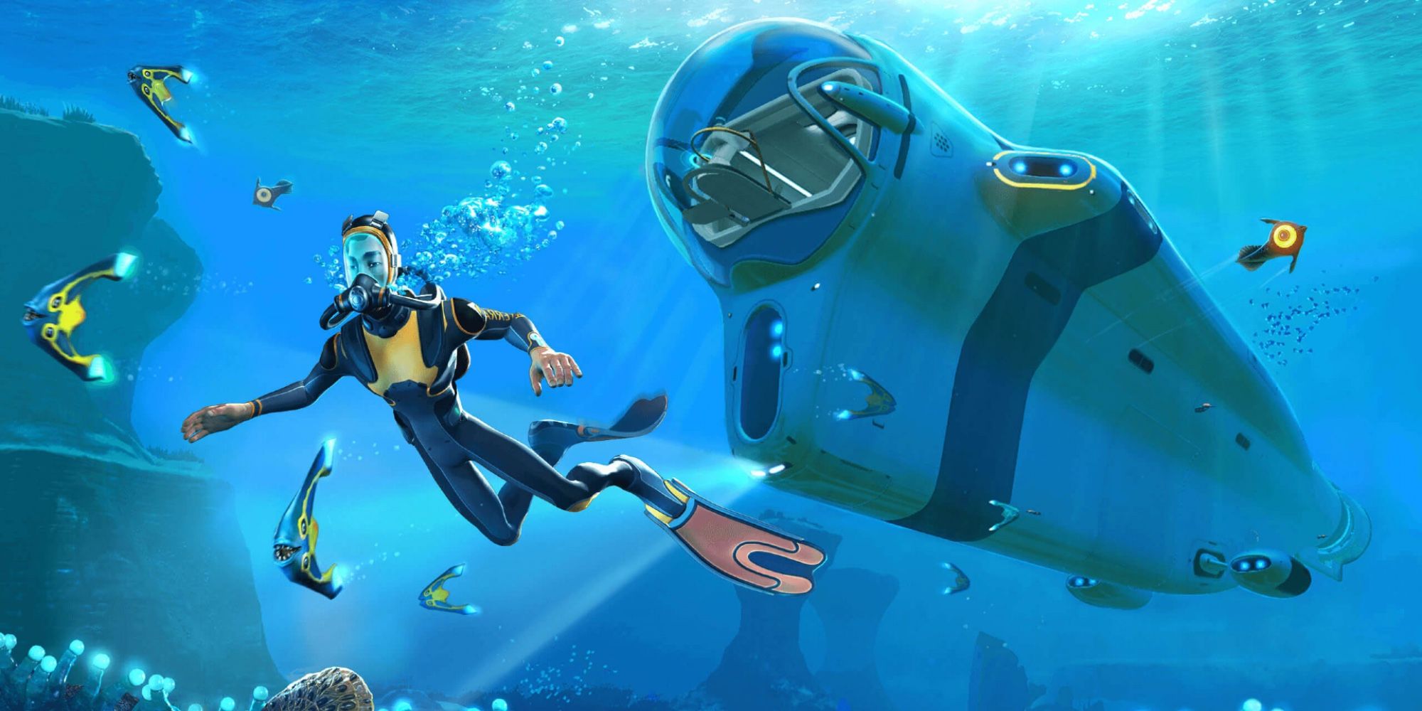 a diver swimming in subnautica