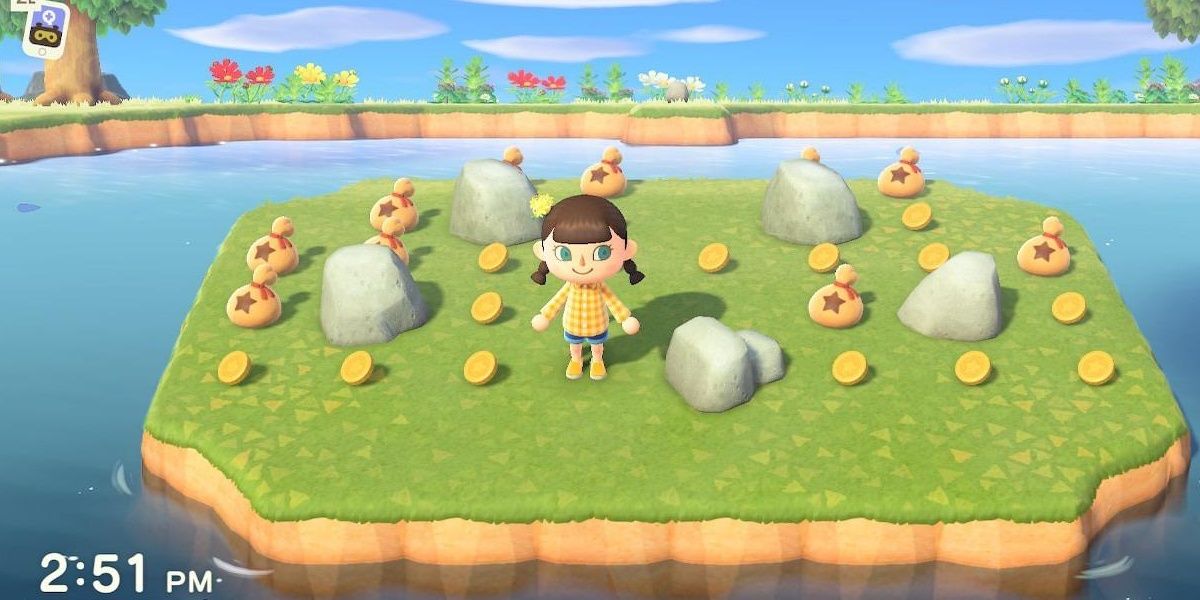 Animal Crossing New Horizons Player On Money Rock Island Surrounded By Bells