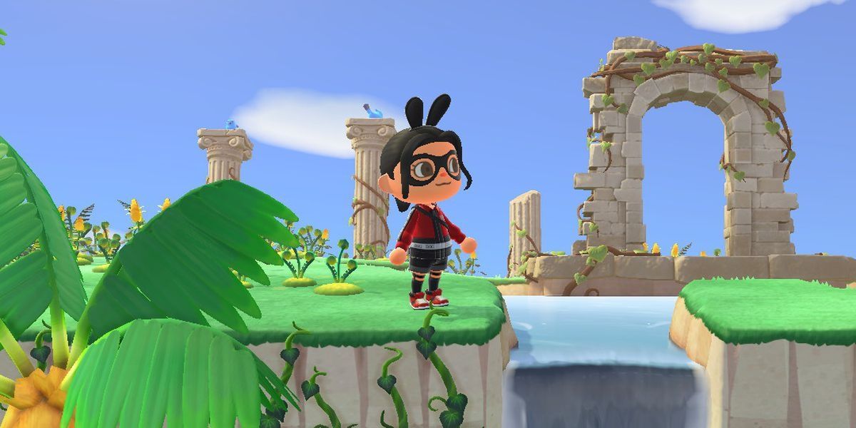 Animal Crossing New Horizons Player On Cliff With Ruined Arch And Ruined Pillars