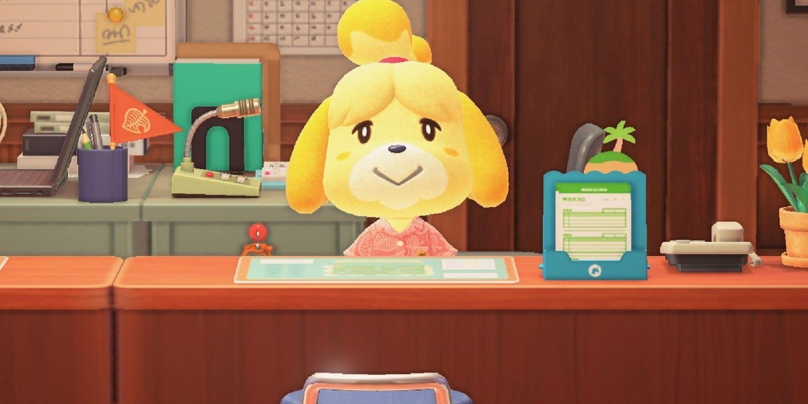 Isabelle looking at you from her desk.