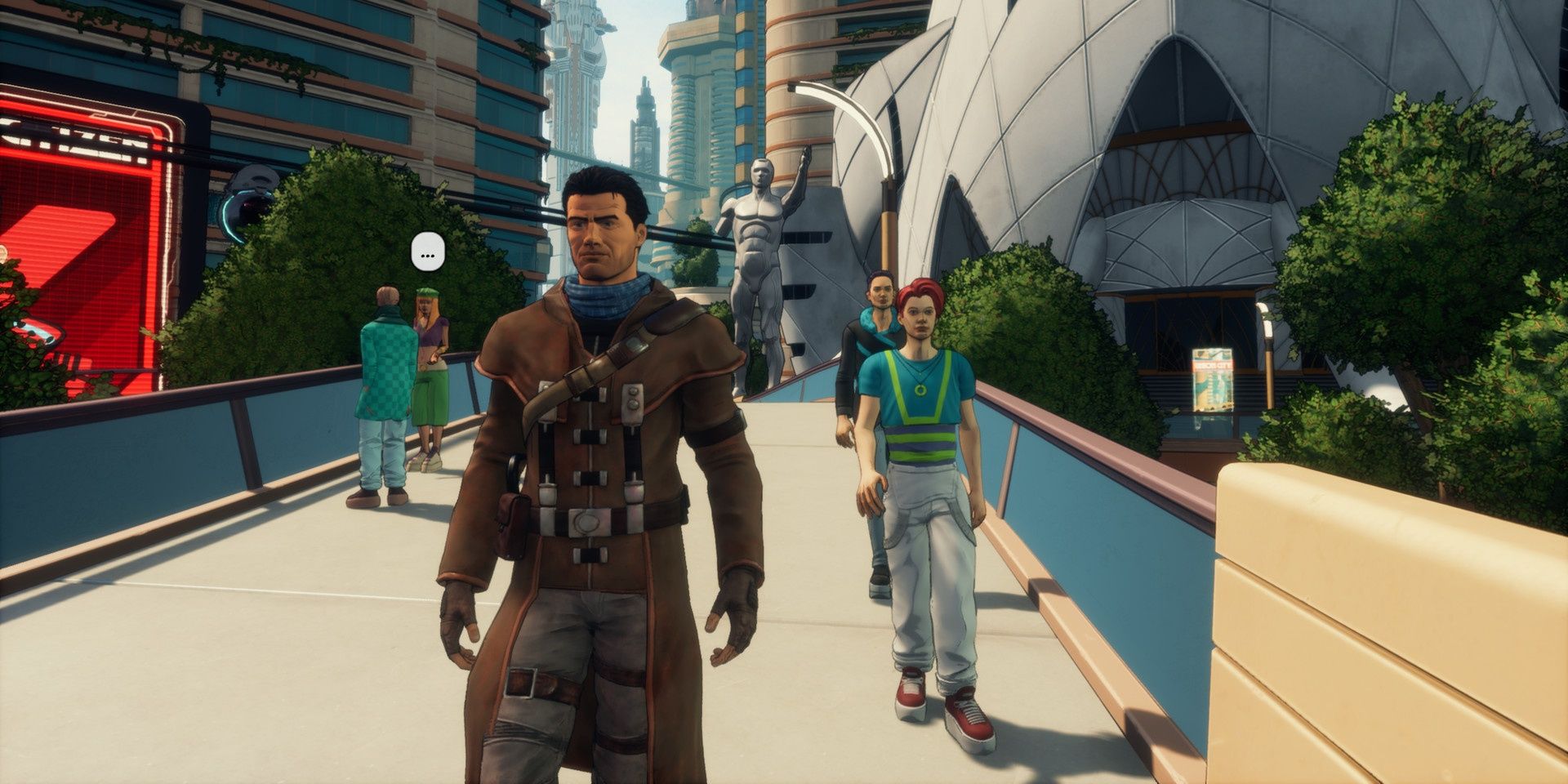 A screenshot showing Robert walking around in Union City in Beyond a Steel Sky
