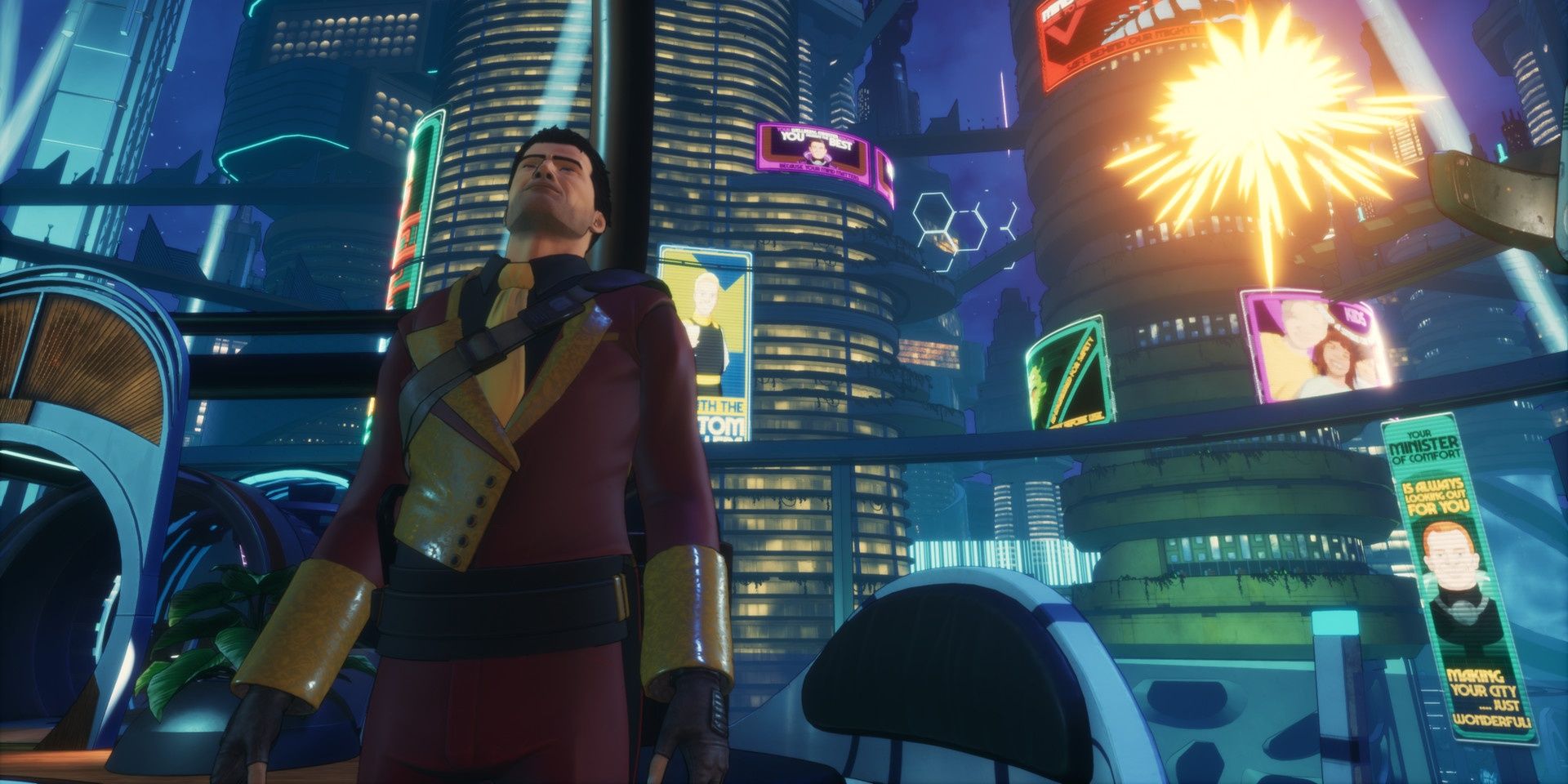 A screenshot showing Robert in front of the Union City skyline at nighttime in Beyond a Steel Sky
