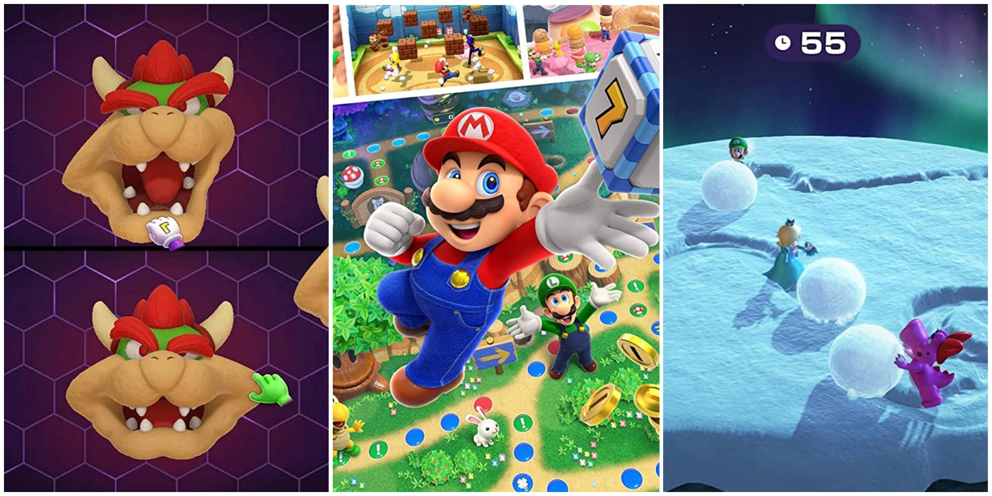 bowser minigame, mario with dice block, snowball minigame featured