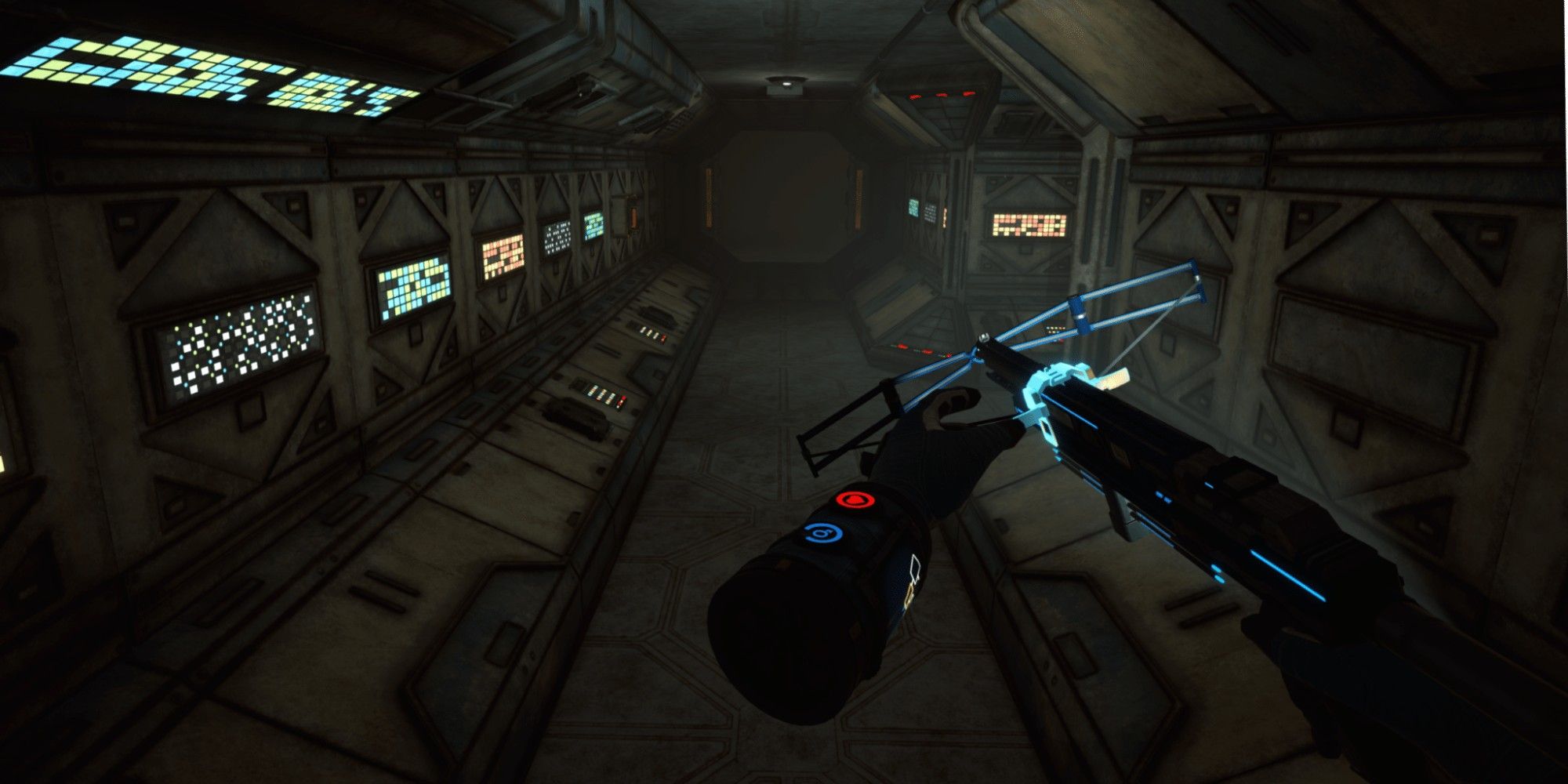 The player fires a crossbow in a hallway in Cosmodread VR