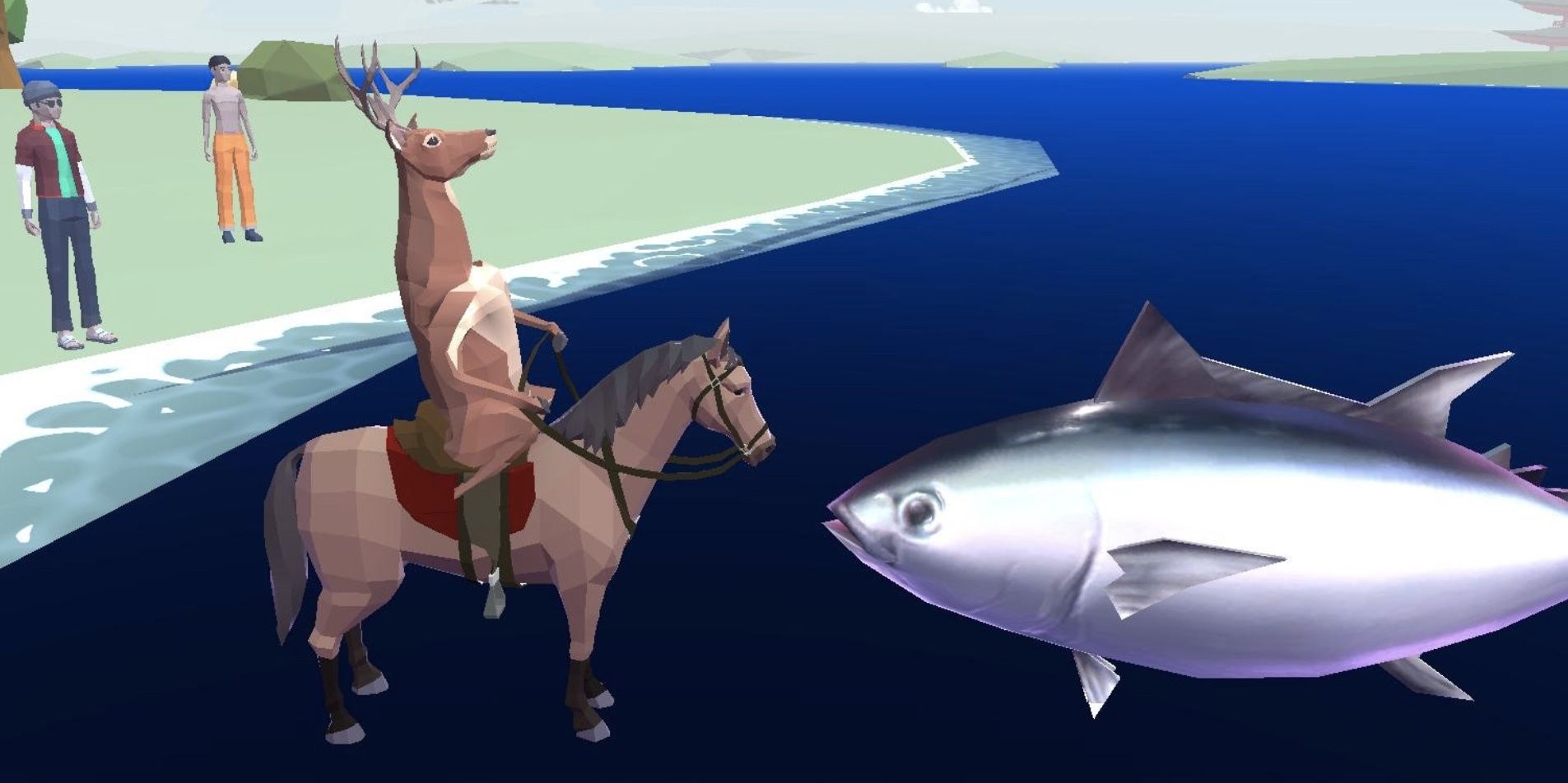 deer riding a horse near a fish in deeeer simulator