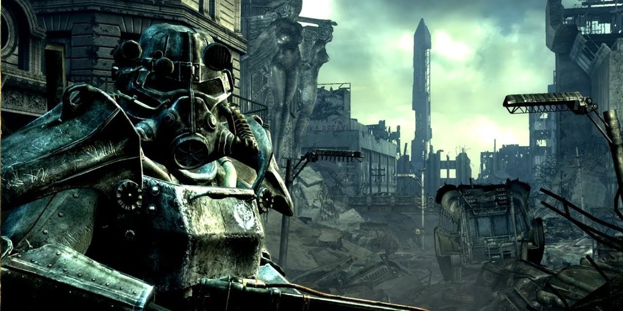 A screenshot showing a member of the Brotherhood of Steel in Fallout 3