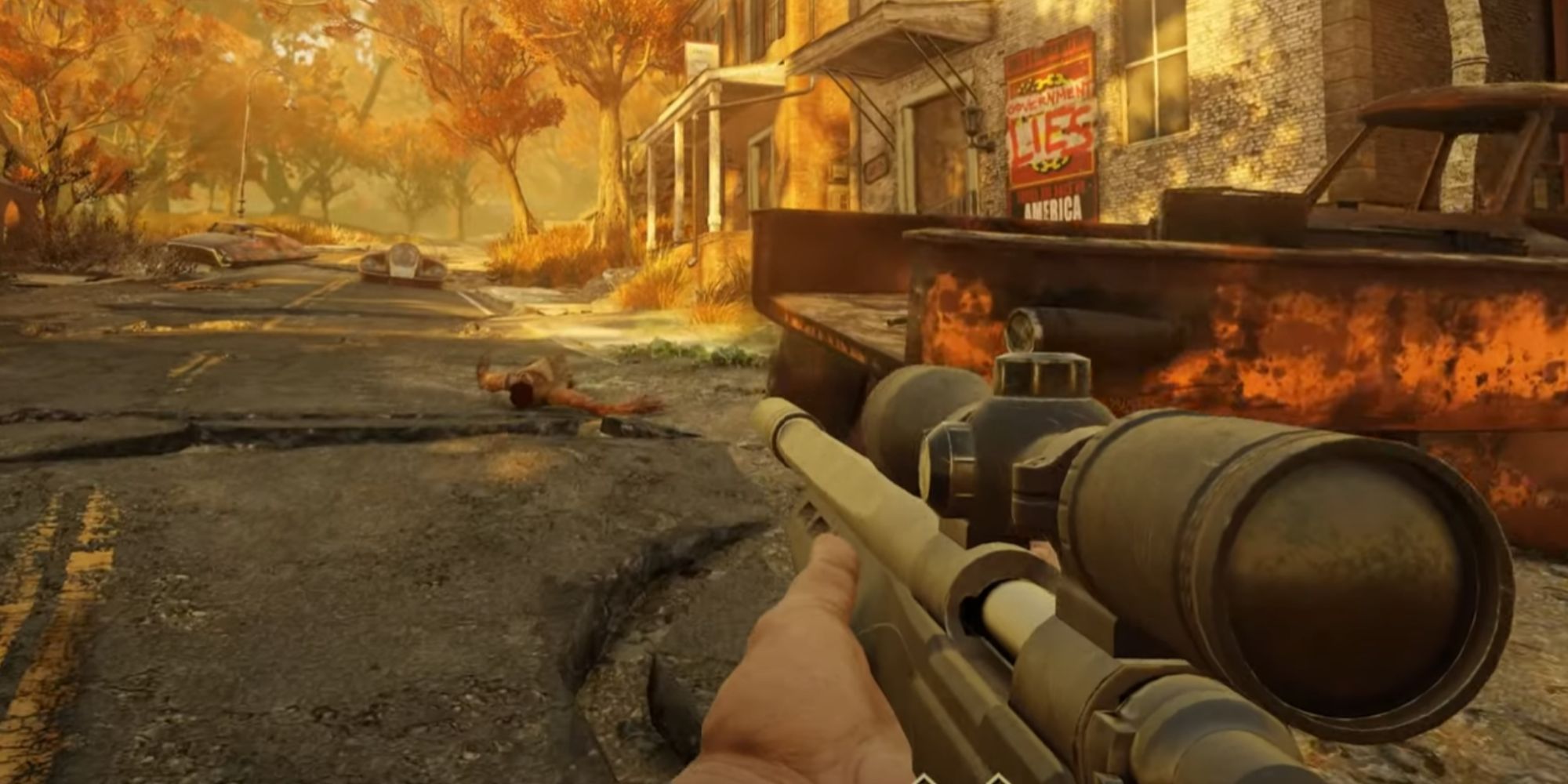 fallout 76 character using a sniper rifle in a town