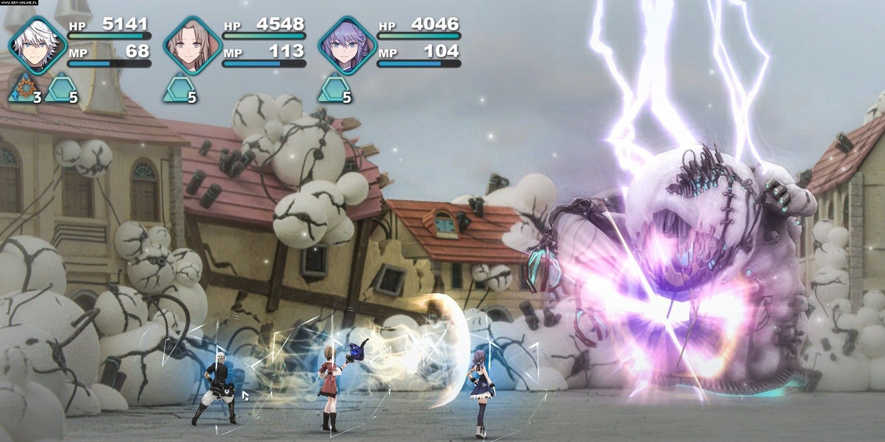 A screenshot showing gameplay in Fantasian where the characters fight an enemy