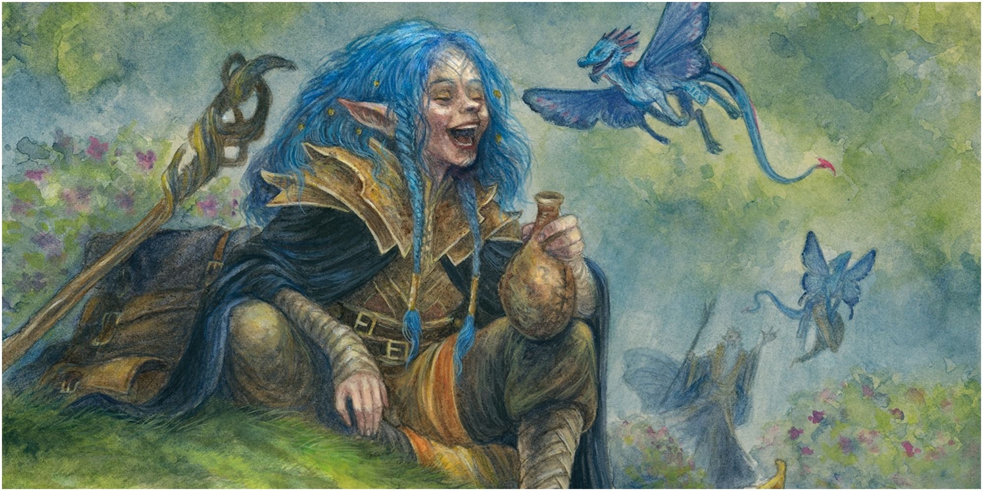 A Feywild Trickster Archfey Warlock laughing while it rests on the grass.