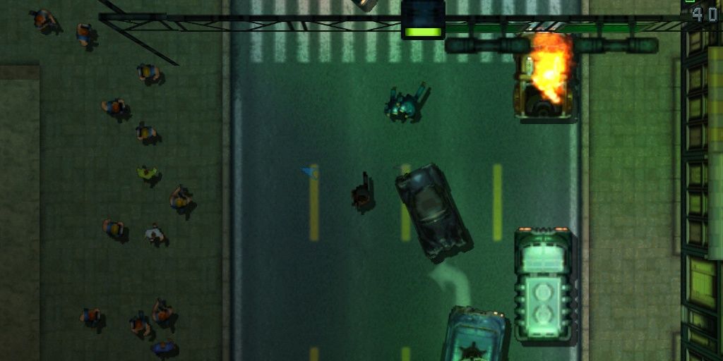 A screenshot showing gameplay in Grand Theft Auto 2 in a dark part of the city