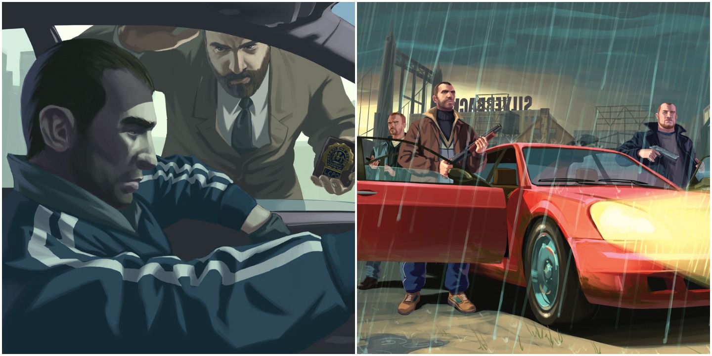 A collage depicting scenes from Grand Theft Auto 4