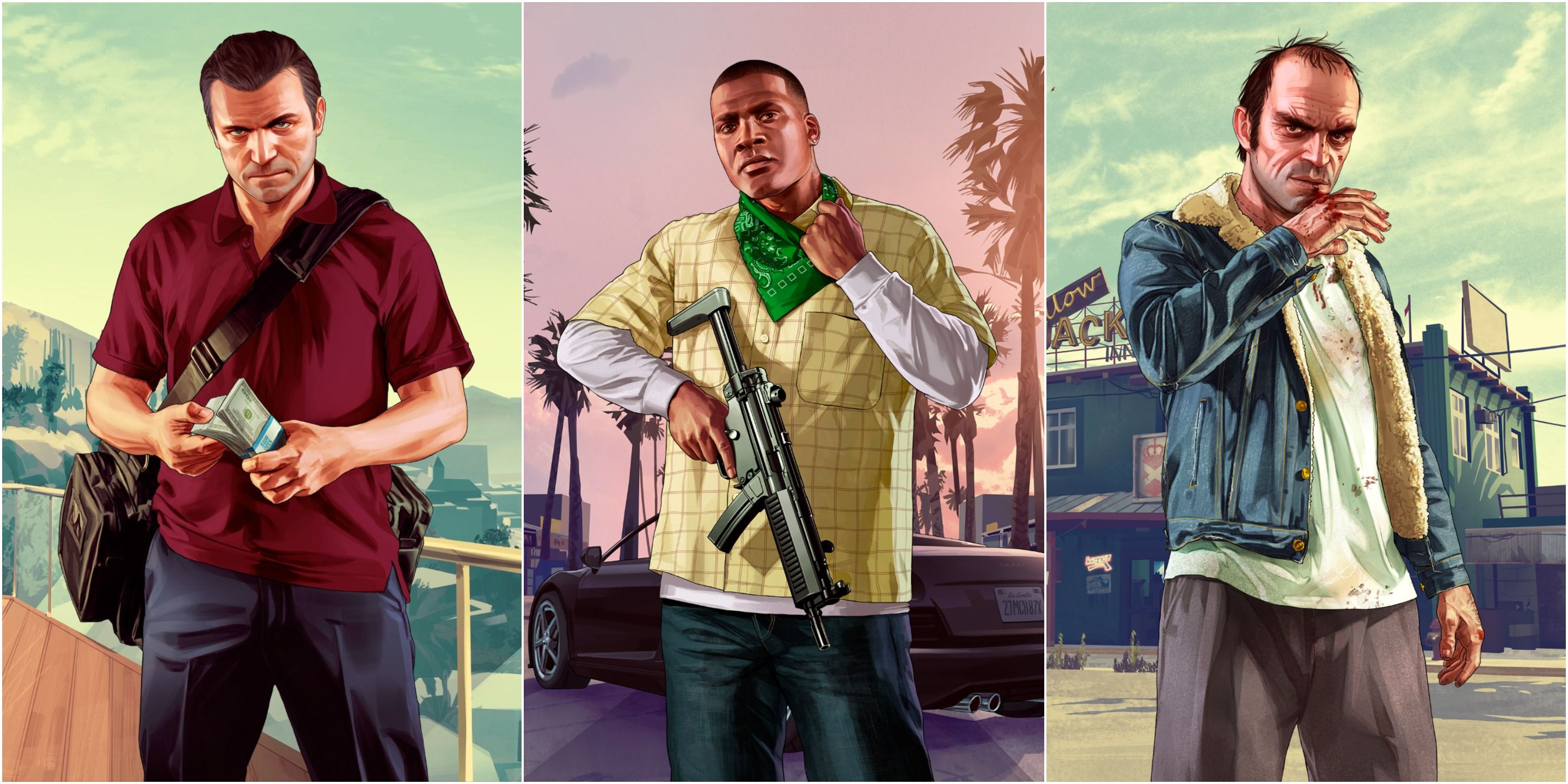 A collage depicting Michael, Franklin and Trevor in Grand Theft Auto 5