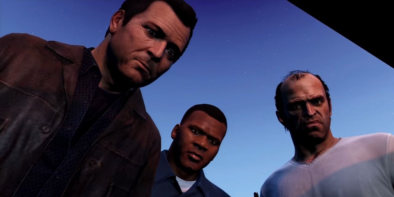 Michael, Franklin and Trevor looking down at Devin Weston in Grand Theft Auto 5