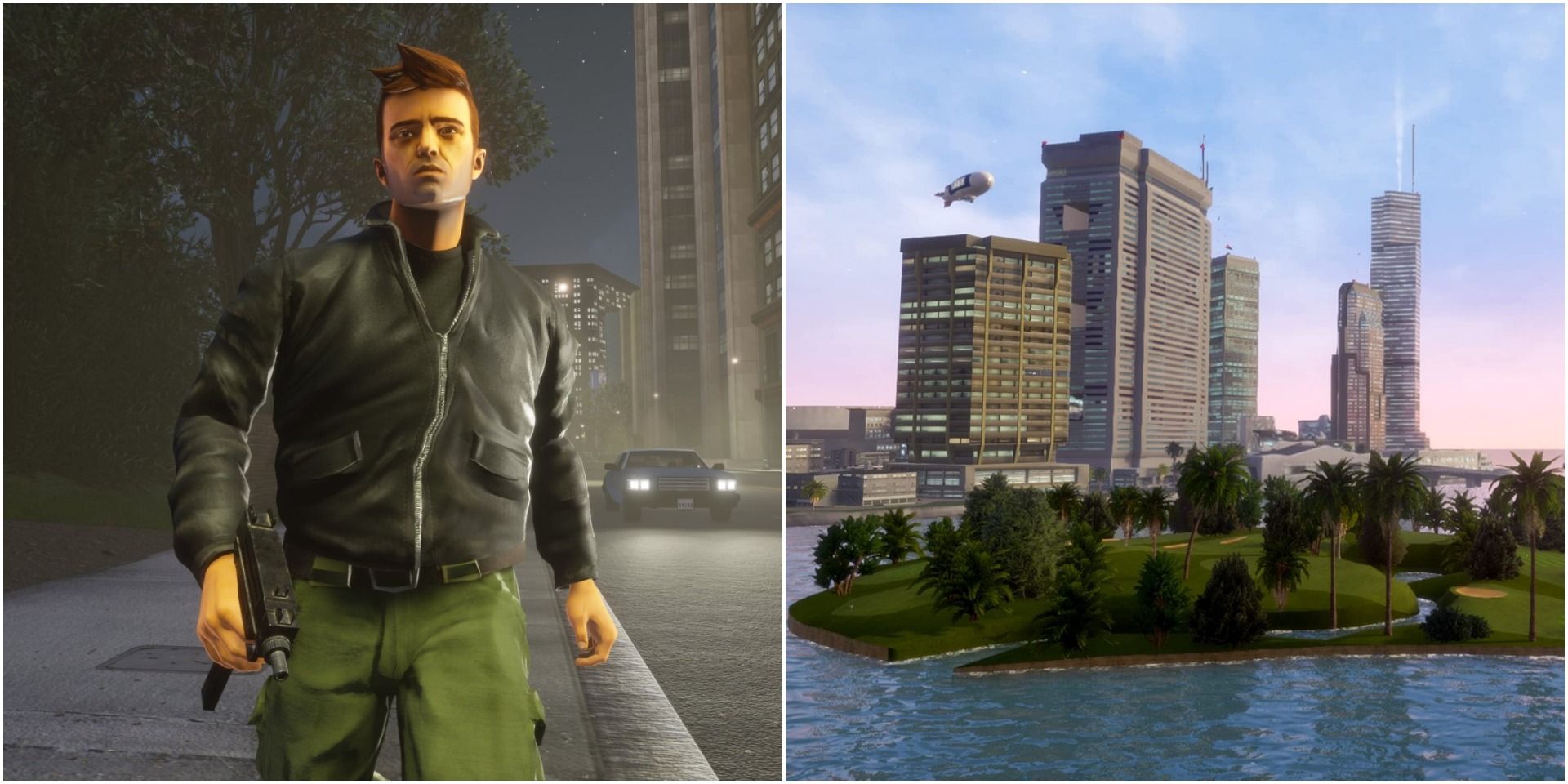 A collage showing screenshots from the definitive edition of GTA 3 and GTA: San Andreas
