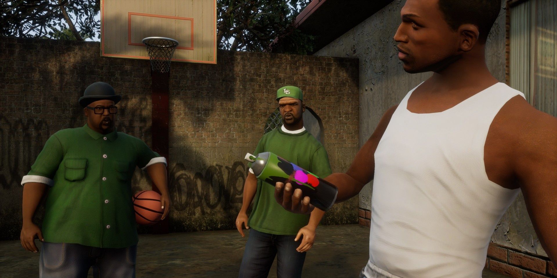 A screenshot showing CJ, Big Smoke and Sweet in Grand Theft Auto: San Andreas - The Definitive Edition