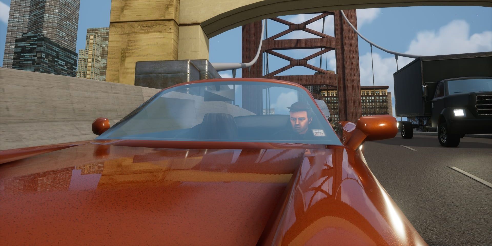 A screenshot showing Claude driving on a bridge in Grand Theft Auto 3 - The Definitive Edition