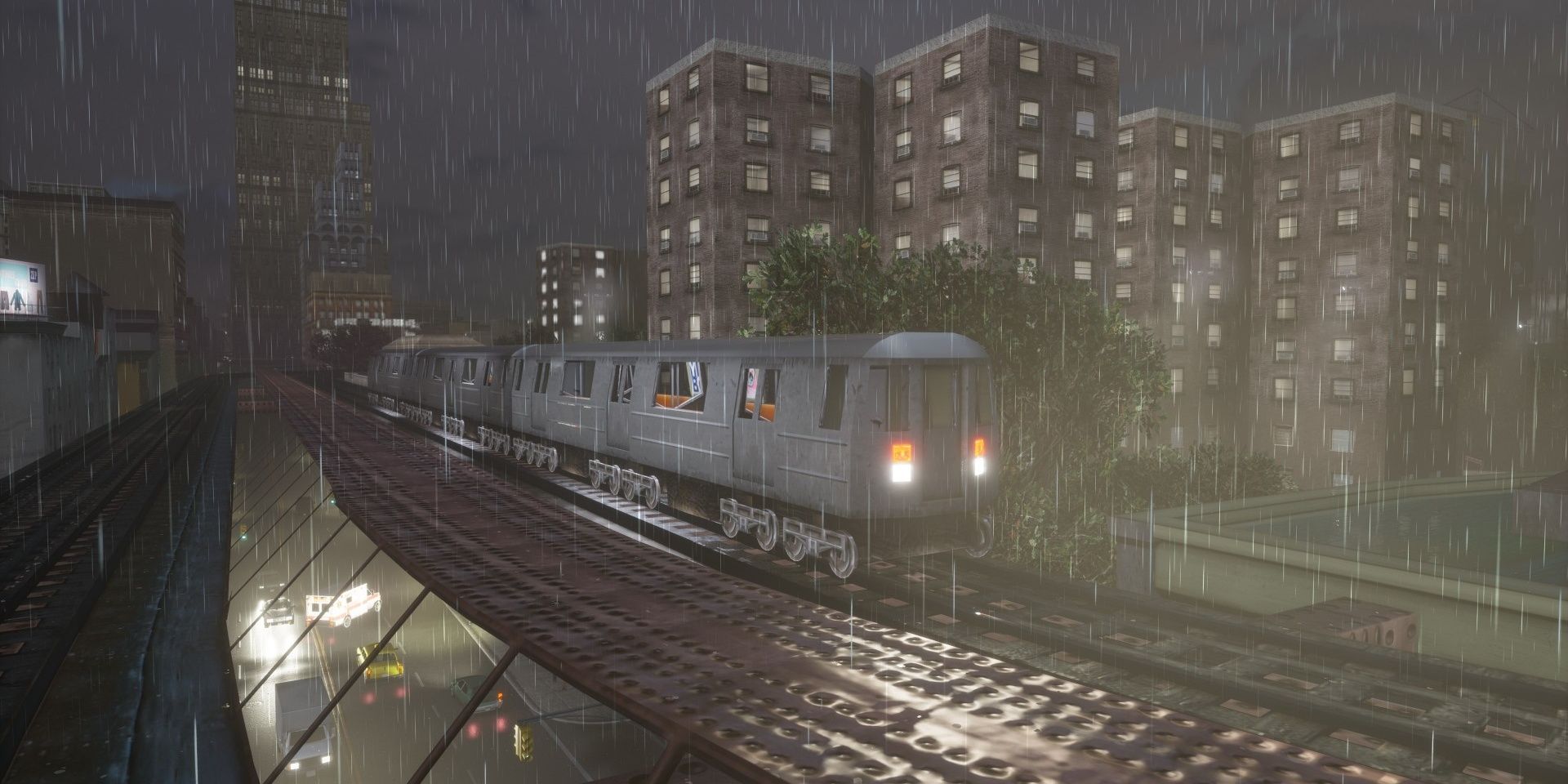 A screenshot showing a rain-soaked Liberty City in Grand Theft Auto 3 - The Definitive Edition