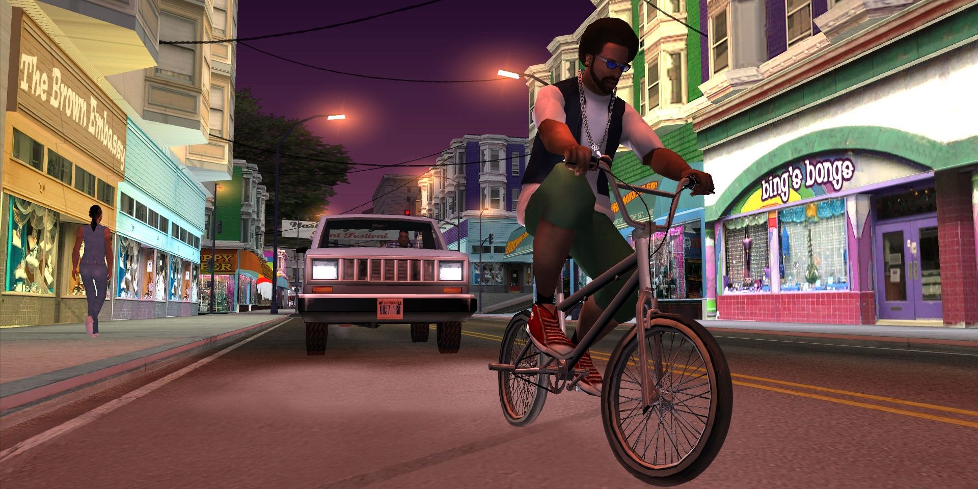 A screenshot showing bicycle chase gameplay in Grand Theft Auto: San Andreas