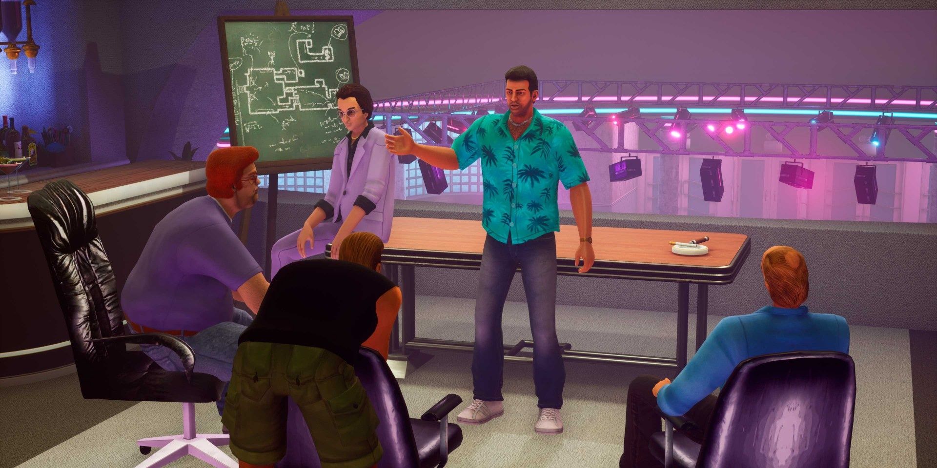 A screenshot showing Tommy Vercetti and the gang inside The Malibu Club in Grand Theft Auto: Vice City - The Definitive Edition