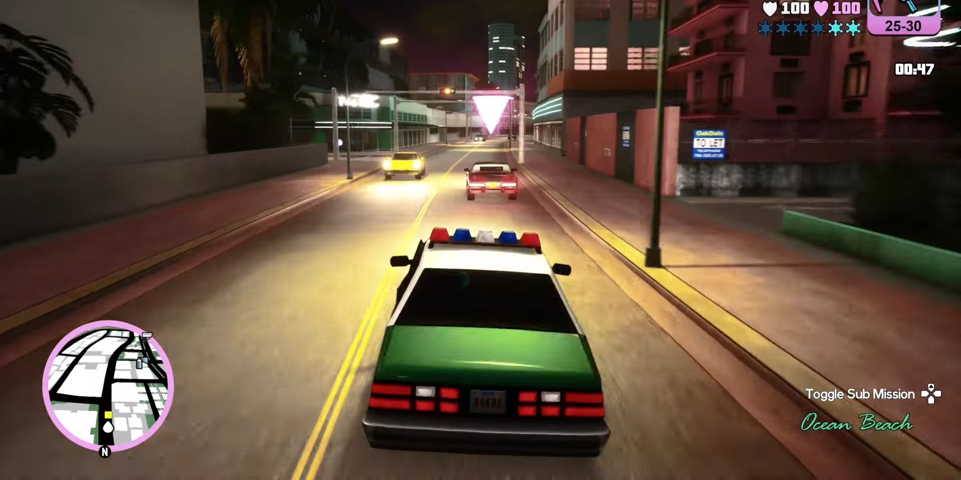 Tommy driving a police car during a vigilante mission in Grand Theft Auto: Vice City - The Definitive Edition