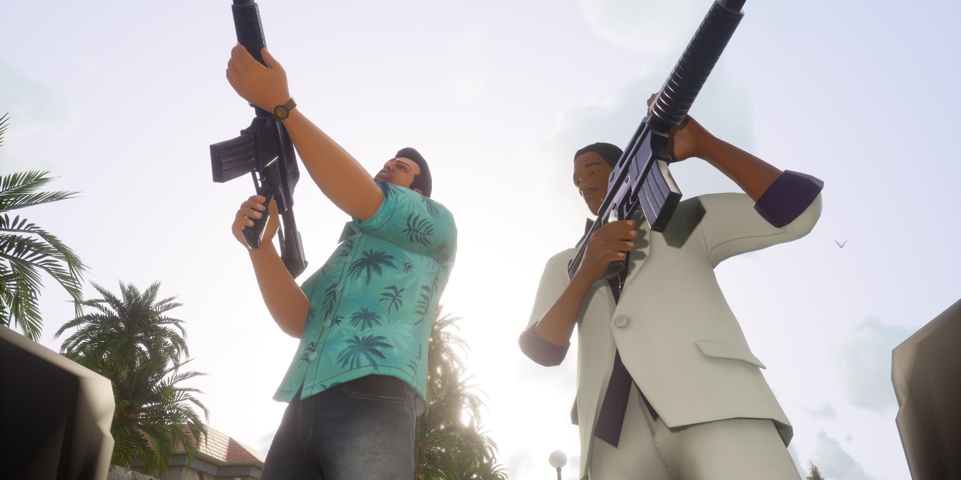 Tommy and Lance inspecting machine guns in Grand Theft Auto: Vice City - The Definitive Edition