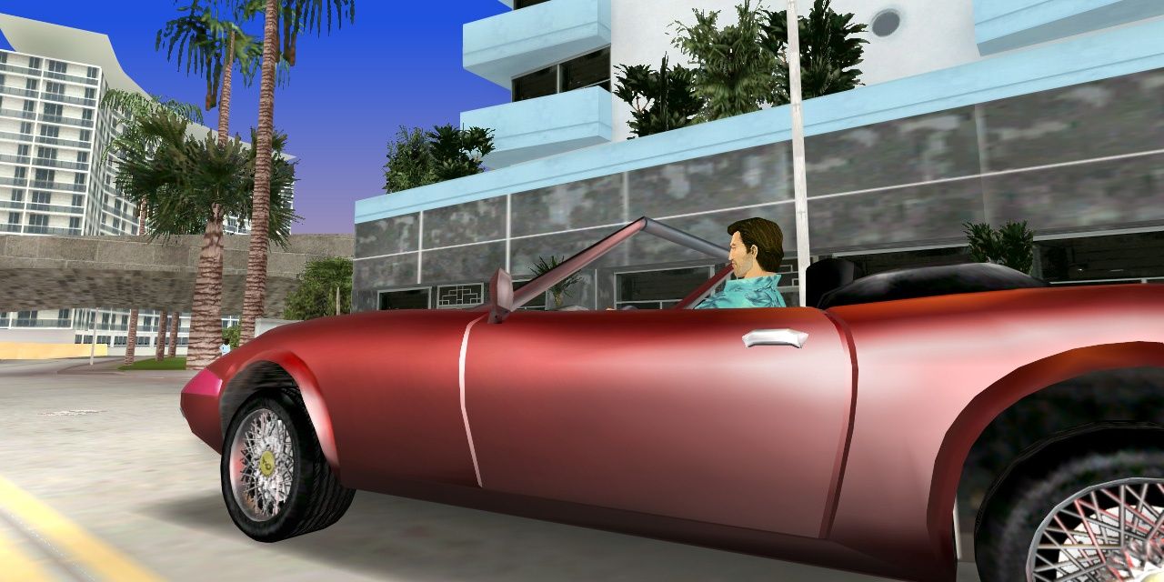 A screenshot showing driving gameplay in Grand Theft Auto: Vice City