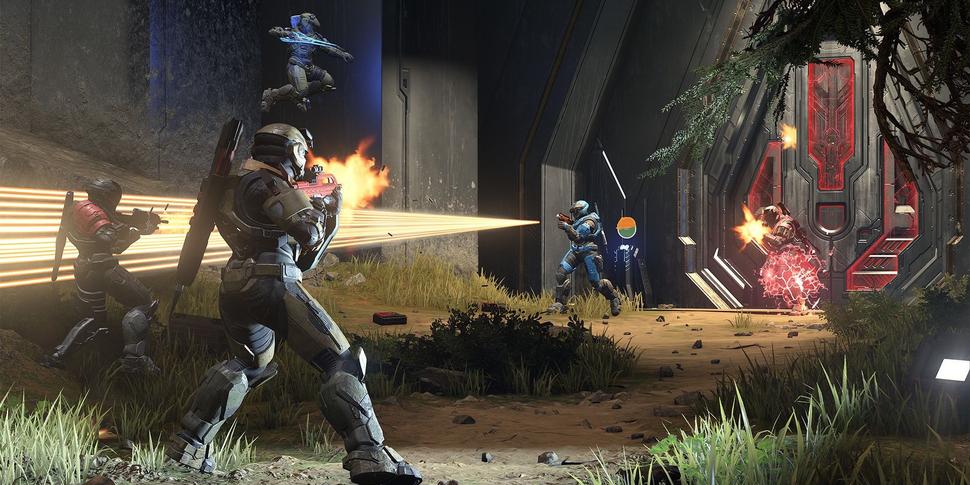 A screenshot showing a firefight between opposing teams in Halo Infinite