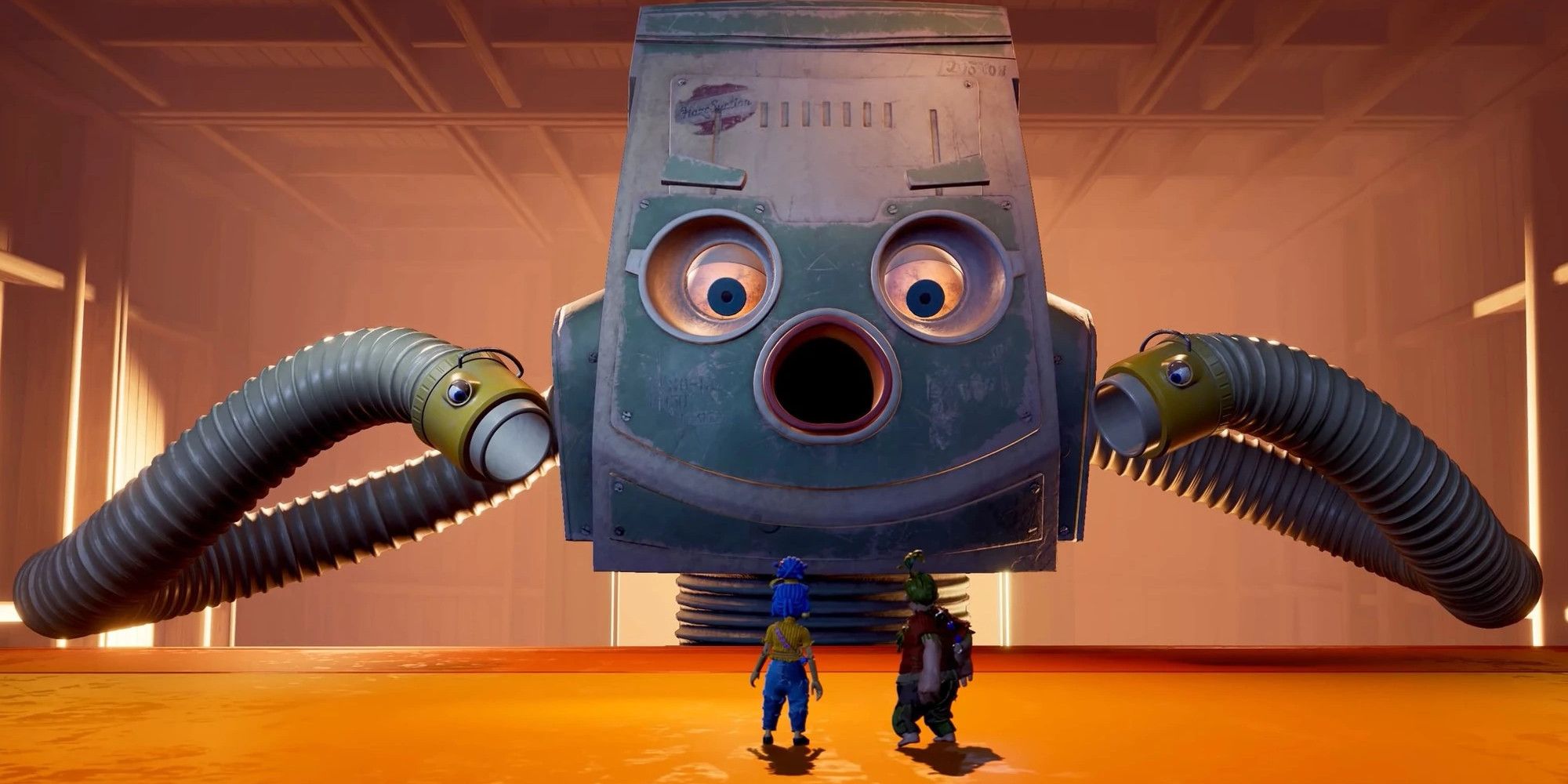 a wide shot of May and Cody facing the vacuum cleaner boss who is towering over them with its tube arms dangling above