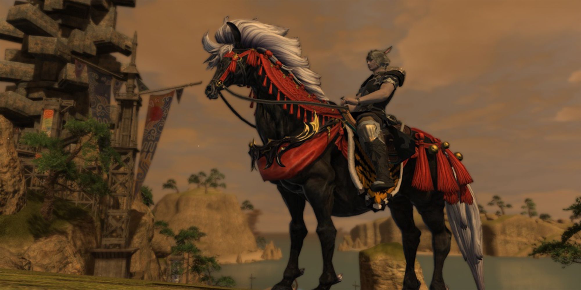 player character riding the juedi mount in front of heaven-on-high and the ruby sea