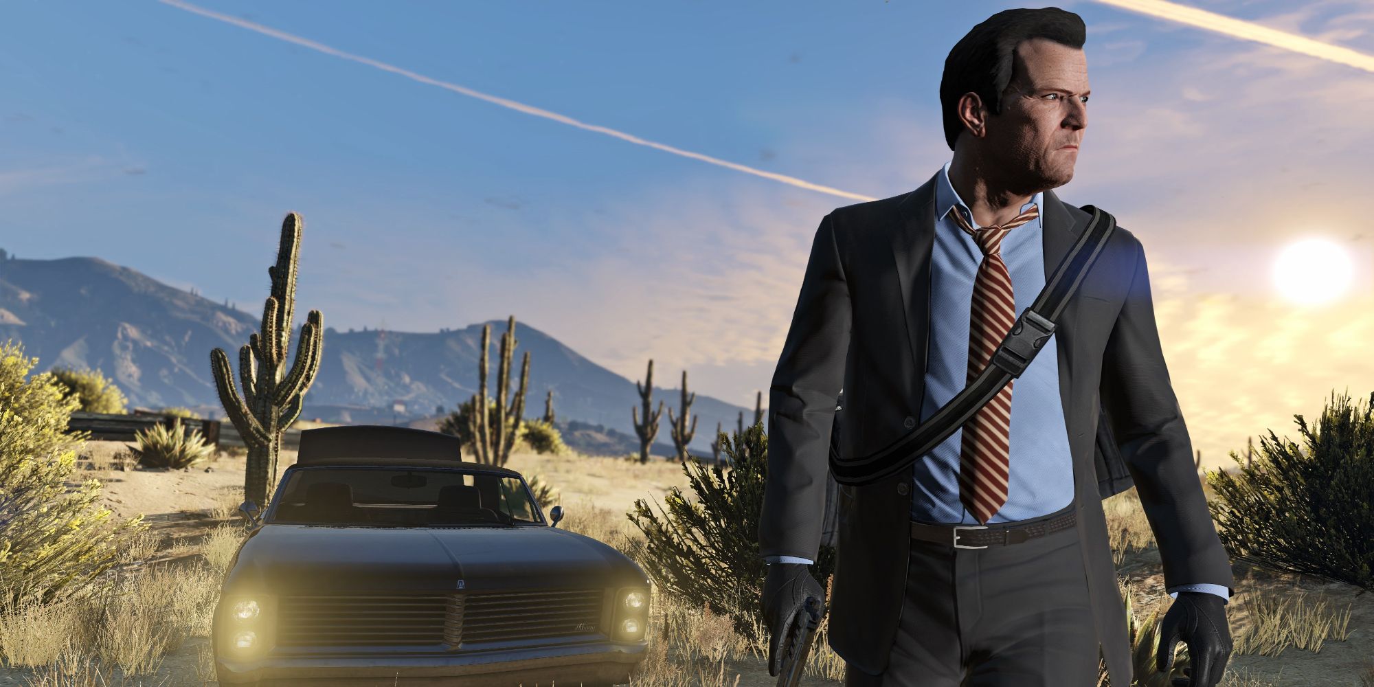 Grand Theft Auto 5's Michael standing next to a car