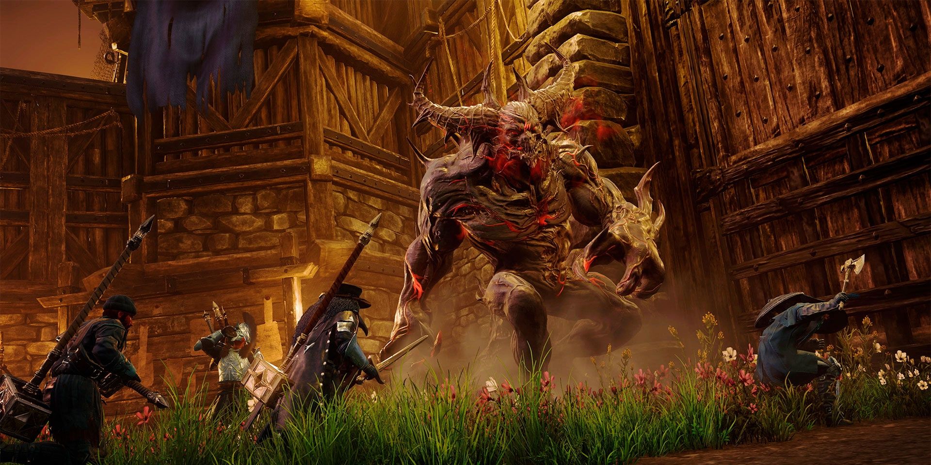 A screenshot showing some players fighting a monster in New World
