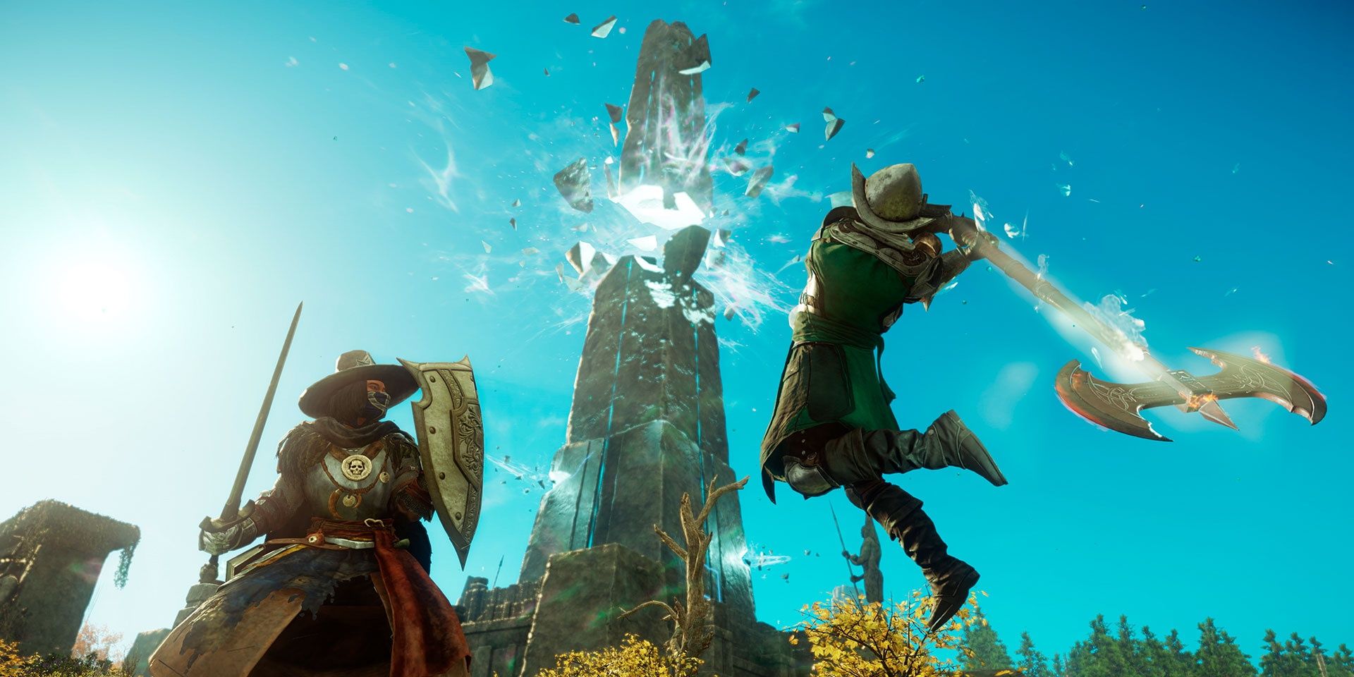 A screenshot showing two players dueling in New World