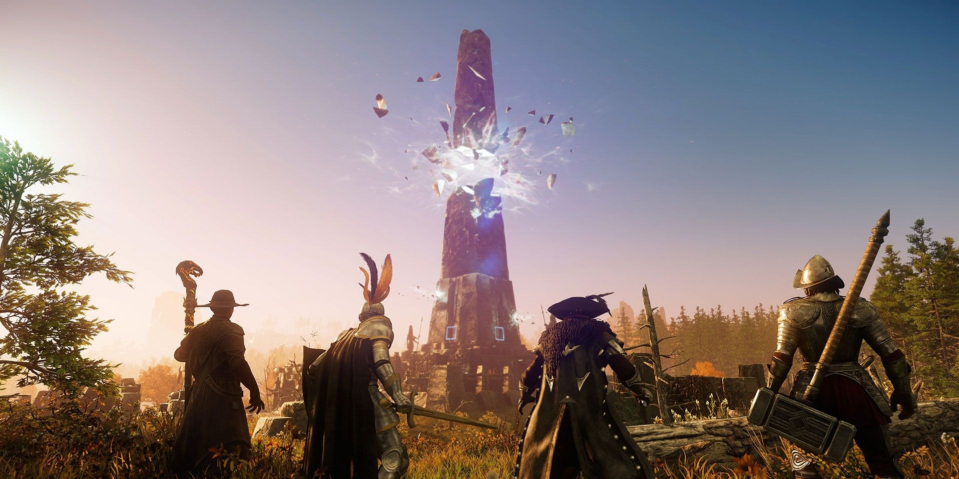 A screenshot showing four players standing in front of the shattered obelisk in New World