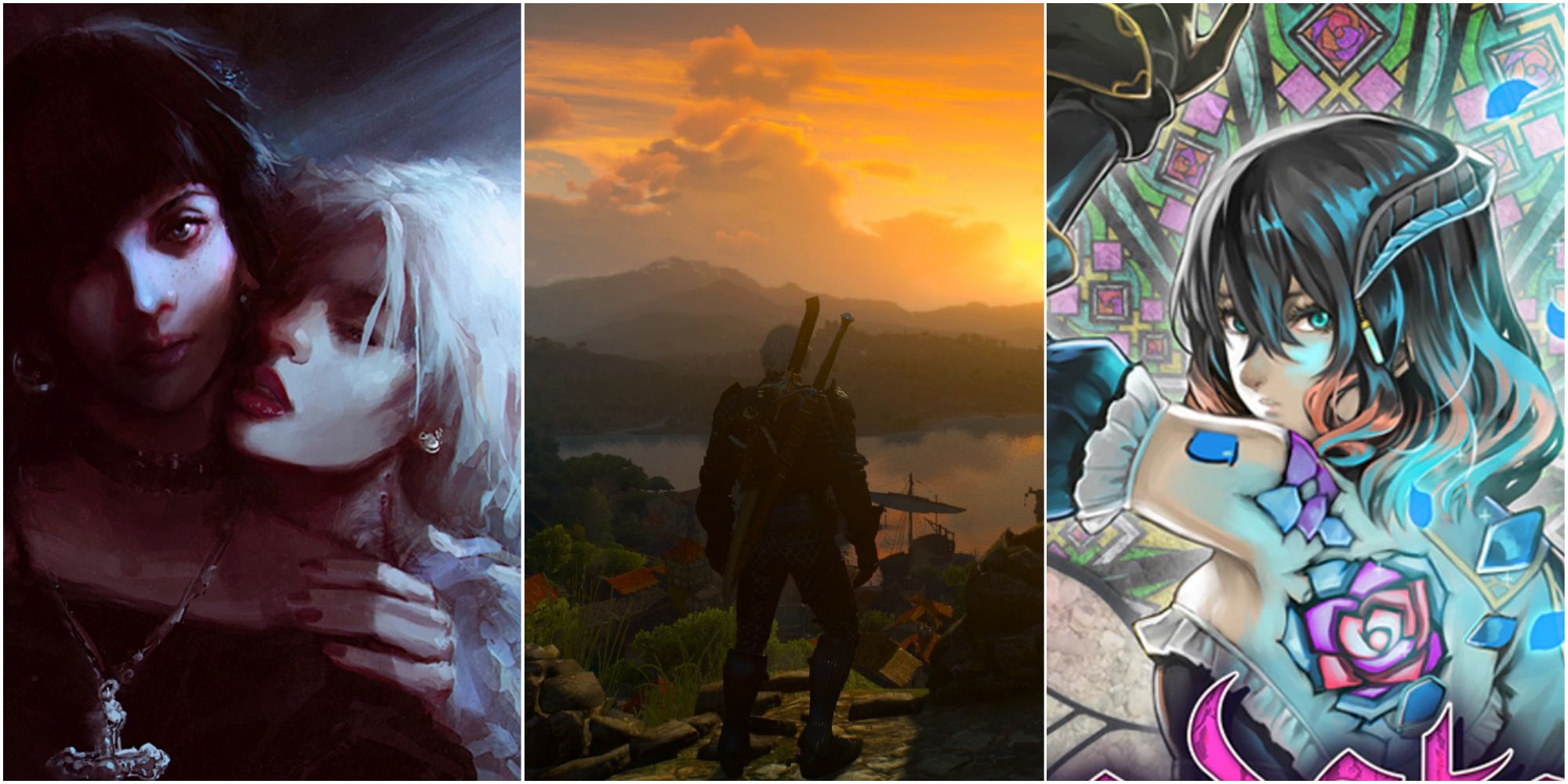 A collage of characters from Vampire: The Masquerade - Shadows of New York, The Witcher 3: Blood and Wine, and Bloodstained: Ritual of the Night