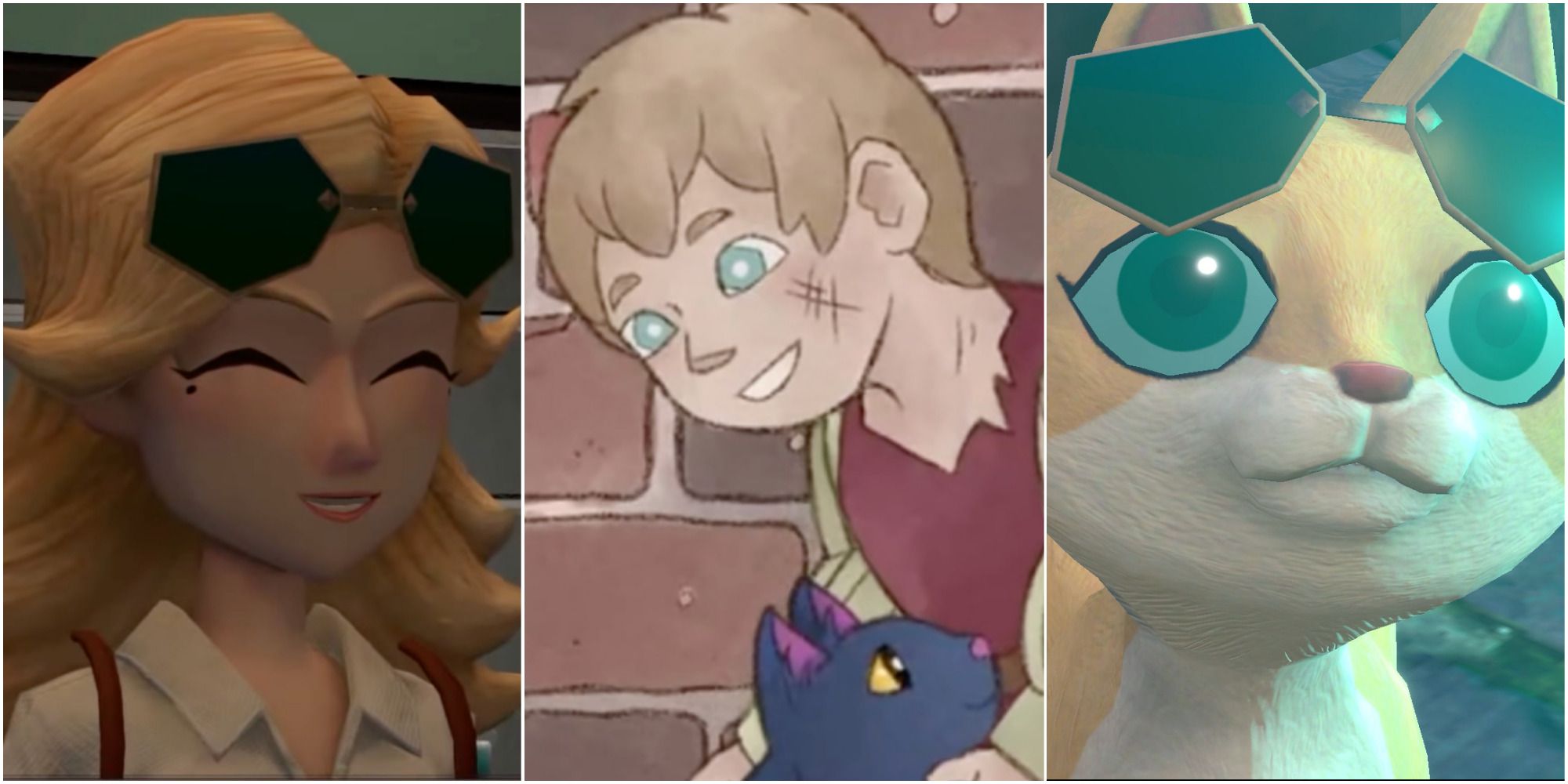 Three images from The Good Life collaged, showing Naomi smiling; Dick Whittington petting his cat; and Naomi as a cat gazing at a magical light