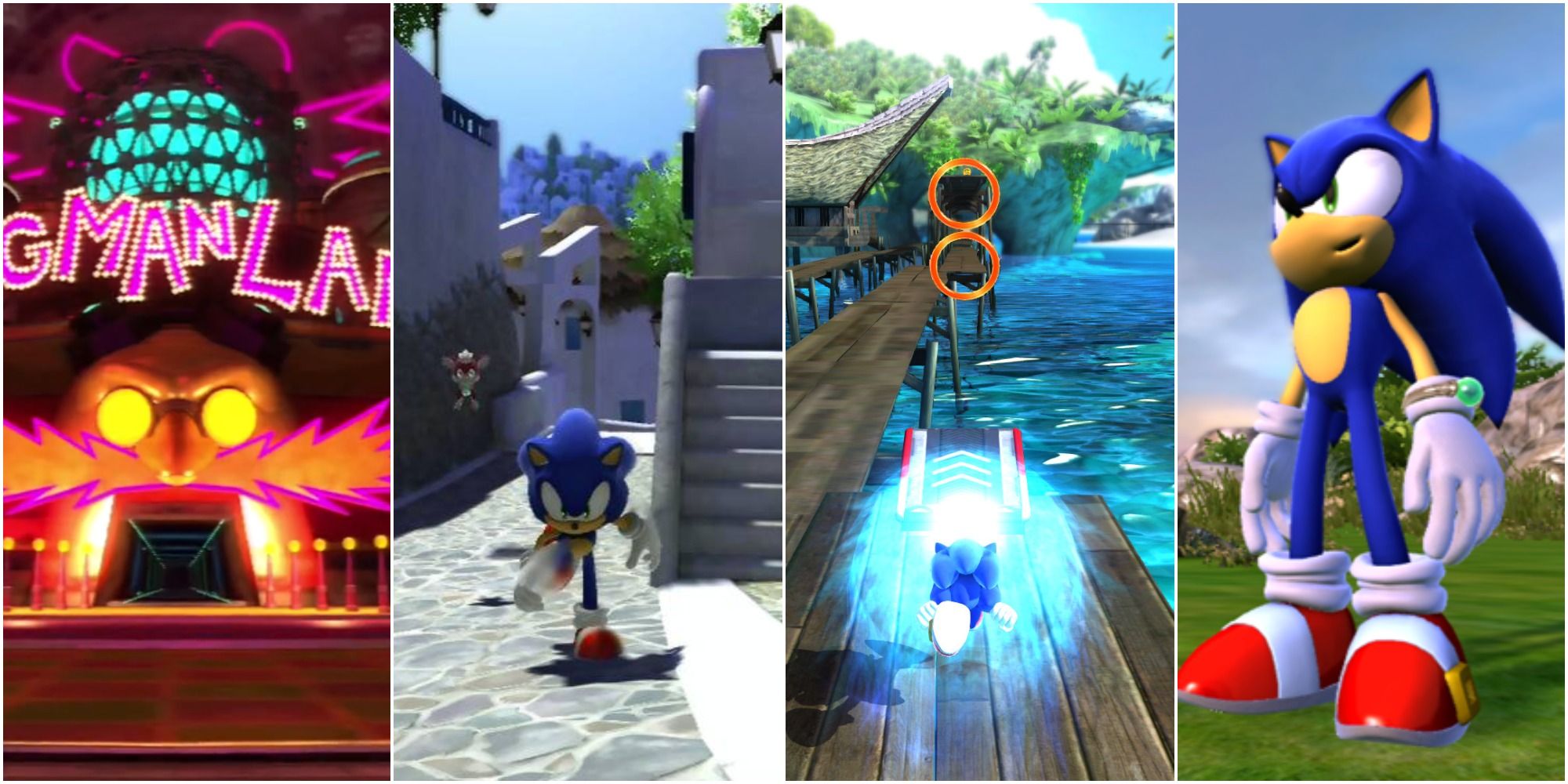 Split image of Eggmanland, Sonic and Chip, Jungle Joyride stage and Sonic.
